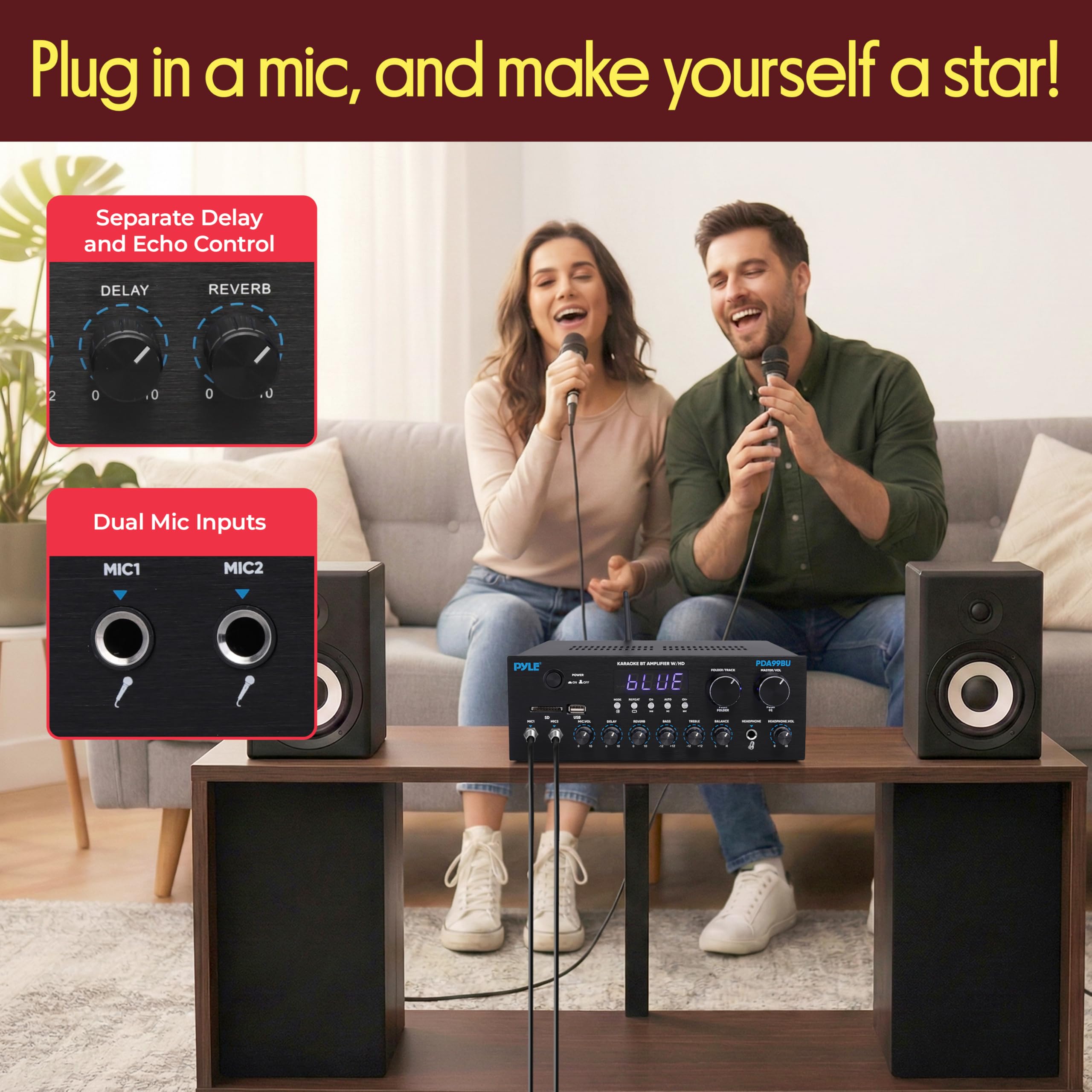 PDA99BU - Ricevitore audio stereo Bluetooth HD Home Audio 300 W, sistema audio a doppio canale, MP3, USB, SD, AUX, RCA, MIC, cuffie, FM, LED, ritardo di riverbero, per altoparlanti Home Theater,