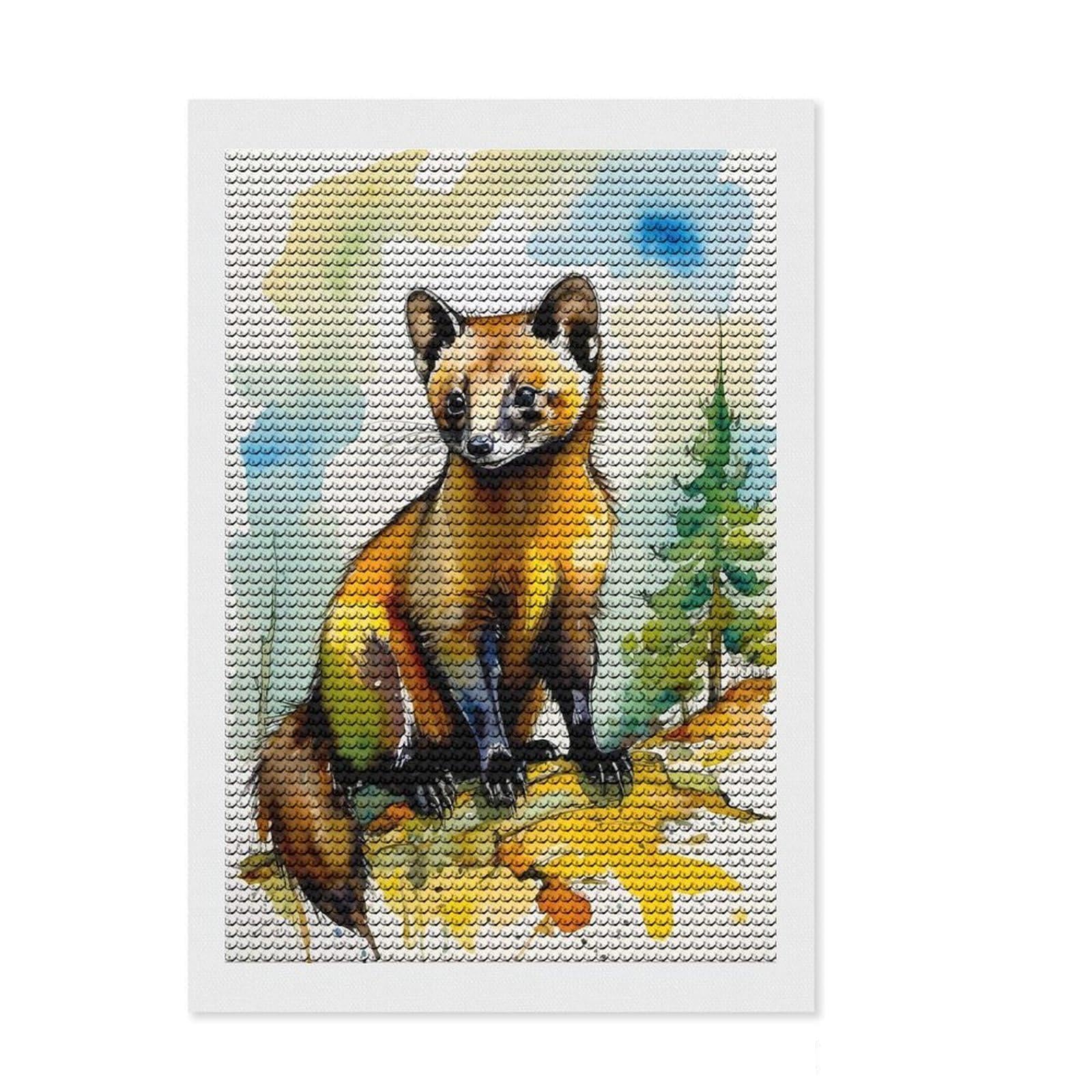 Junmoney Watercolor Pine Marten Diamond Painting Set 8"x12", Vintage Style Decor, for Beginners, Stress Relief Craft, Christmas Gift