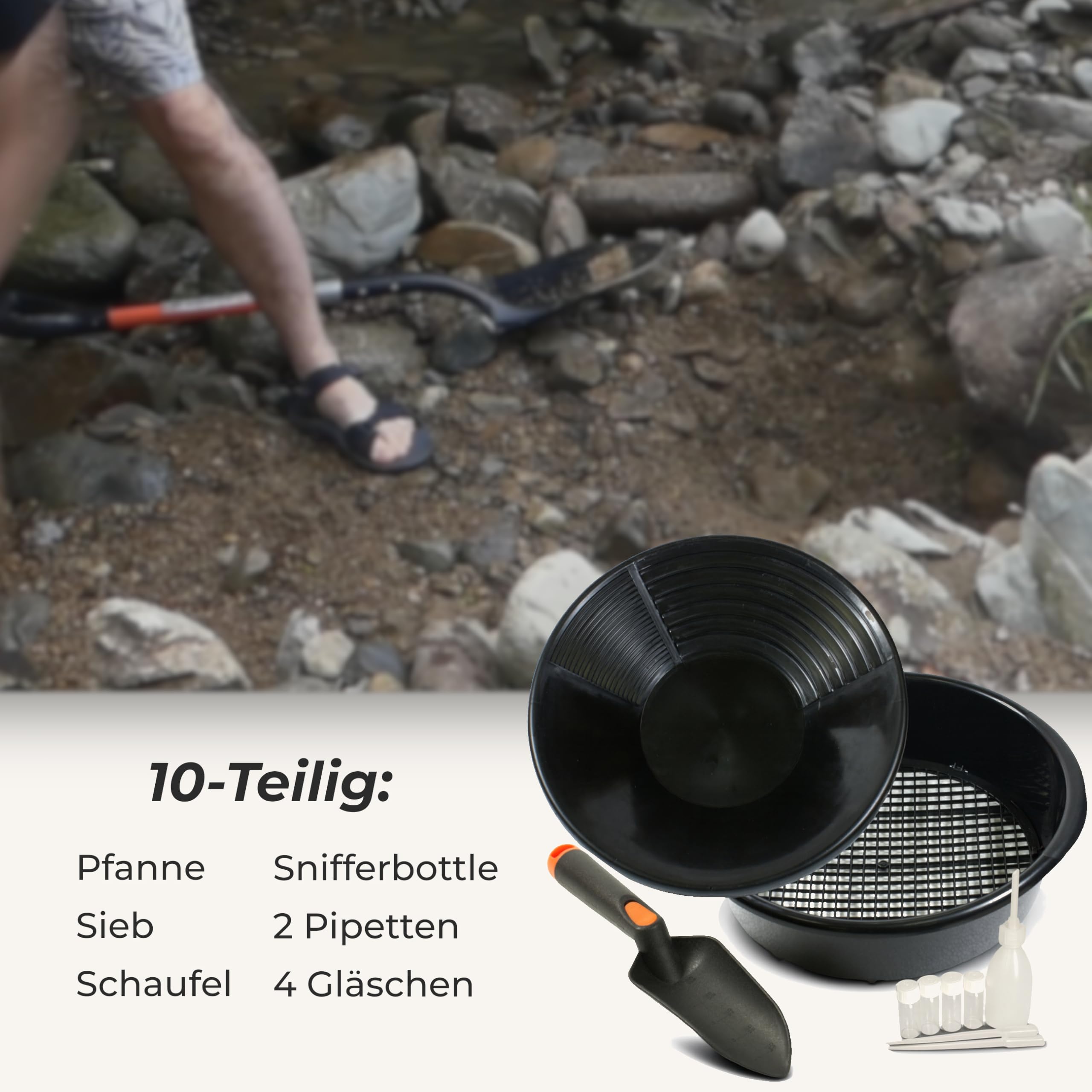 Goldwasch-Set 10-teilig – Goldwaschpfanne Ø 35 cm, Sieb, Schaufel, Snifferbottle, Pipetten & Gläschen – Komplettes Goldwasch Set für Einsteiger & Profis