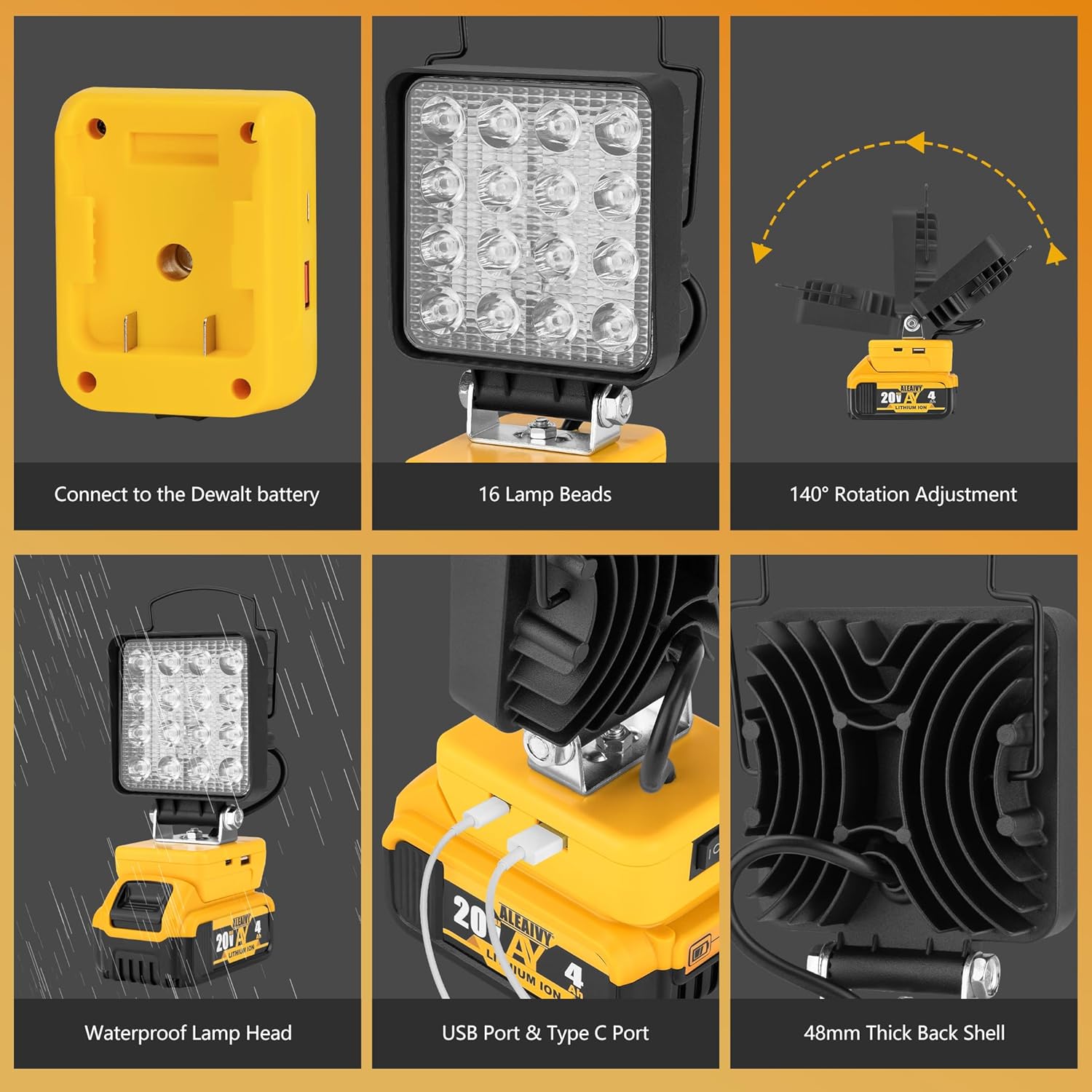 Cordless LED Work Light for Dewalt 18V/20V Battery - 37W 3700 Lumens, USB & Type-C Charging, Pivoting Head, Ideal for Workshop, Camping, Emergencies (Black)