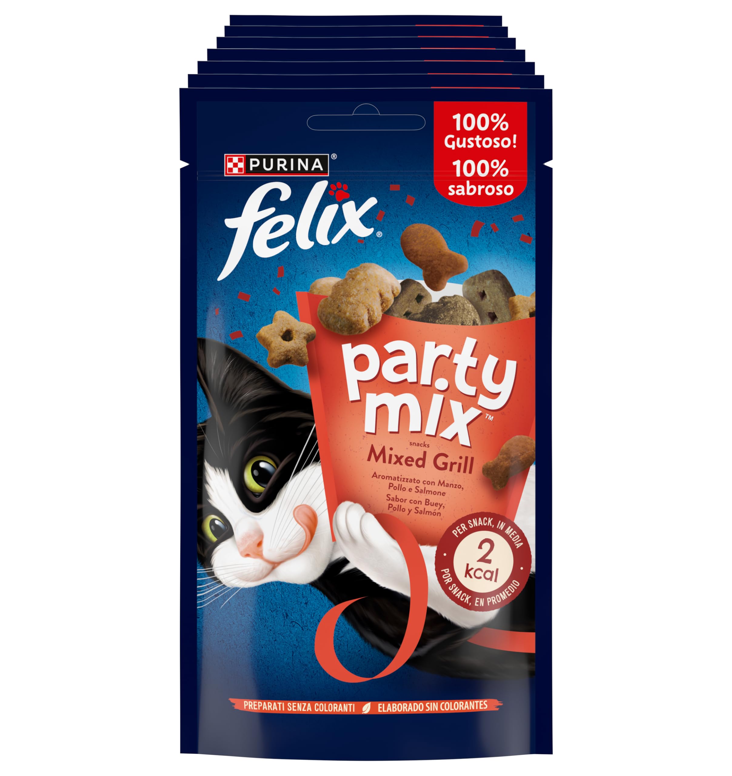 FELIX Party Mix Snack per Gatti Adulti Fiocchi con Manzo, Pollo e Salmone 8 Confezioni da 60g