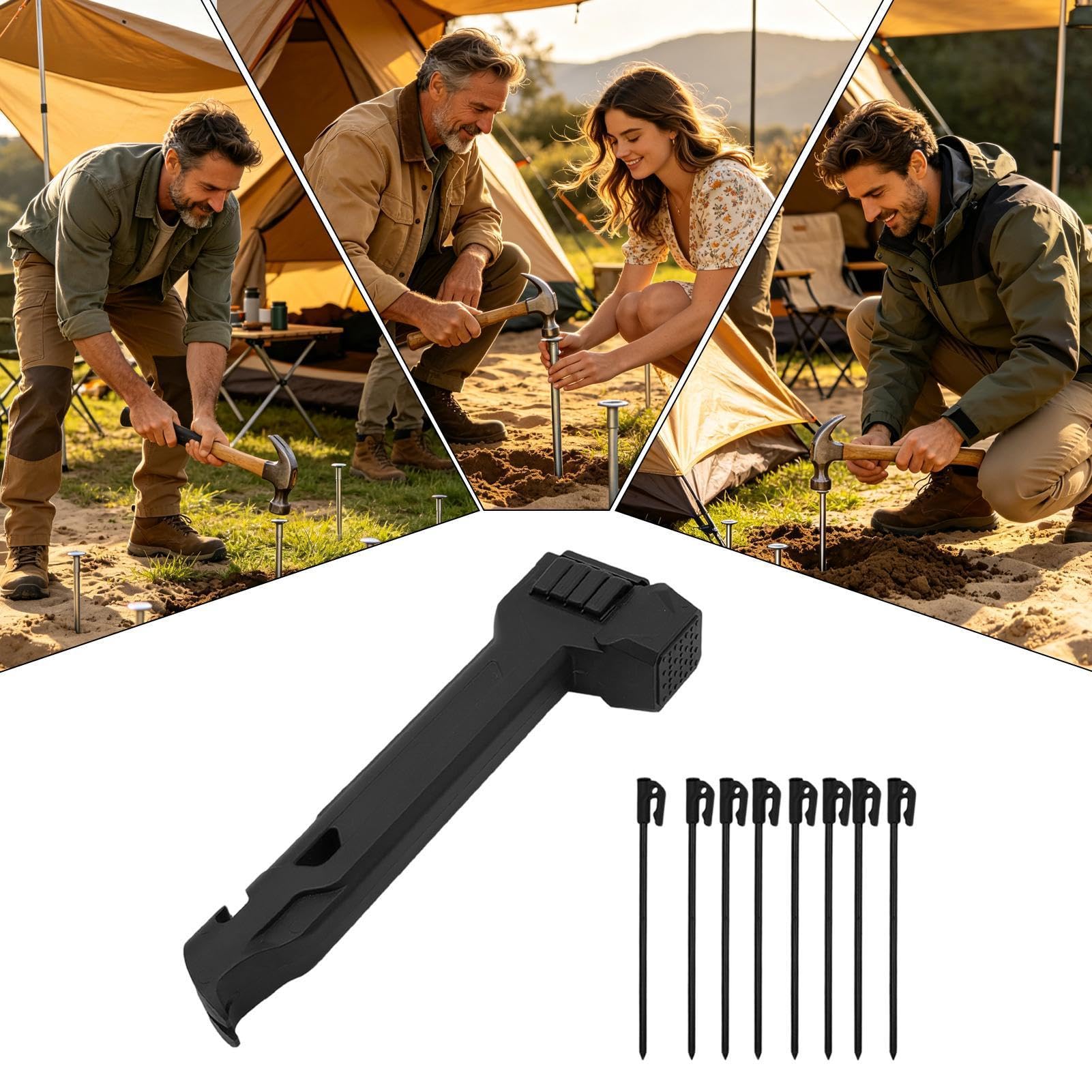 Campinghammer mit 8 Heringen im Griff: Multifunktions-Zelthammer inkl. Heringzieher & Flaschenöffner – Platzsparender Outdoor Hammer für Zelt, Tarp & Wandern, Leichtgewicht
