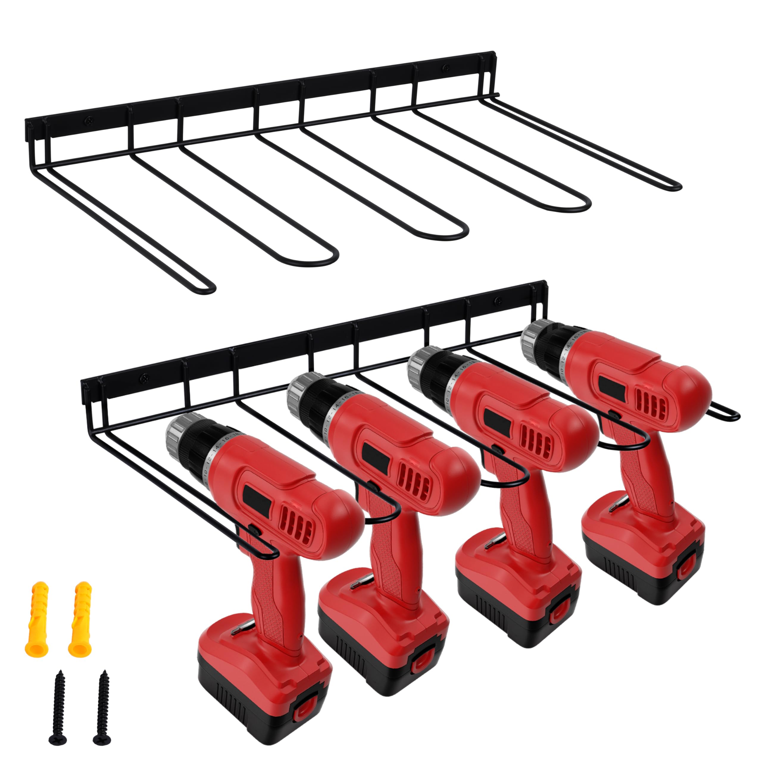 Belle Vous Red 2 Pack Power Tool Storage Racks - Wall-Mounted Organiser Racking For Garage - Drill Storage Holder - Workshop Pegboard Tool Station