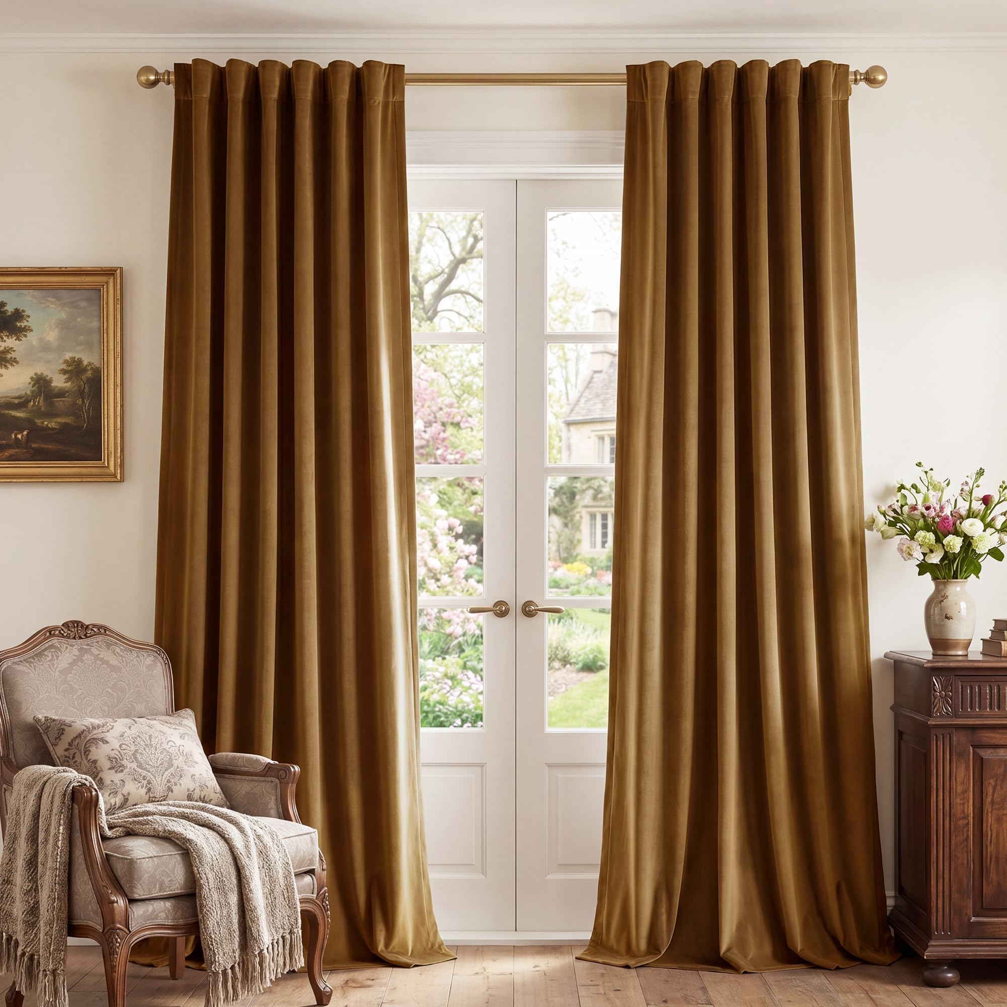StangH Velvet Curtains 84 inches - Gold Brown Blackout Thermal Insulated Window Drapes for Living Room, Back Tab Luxury Home Decor Curtains for Bedroom Sliding Door, W52 x L84, 2 Panels