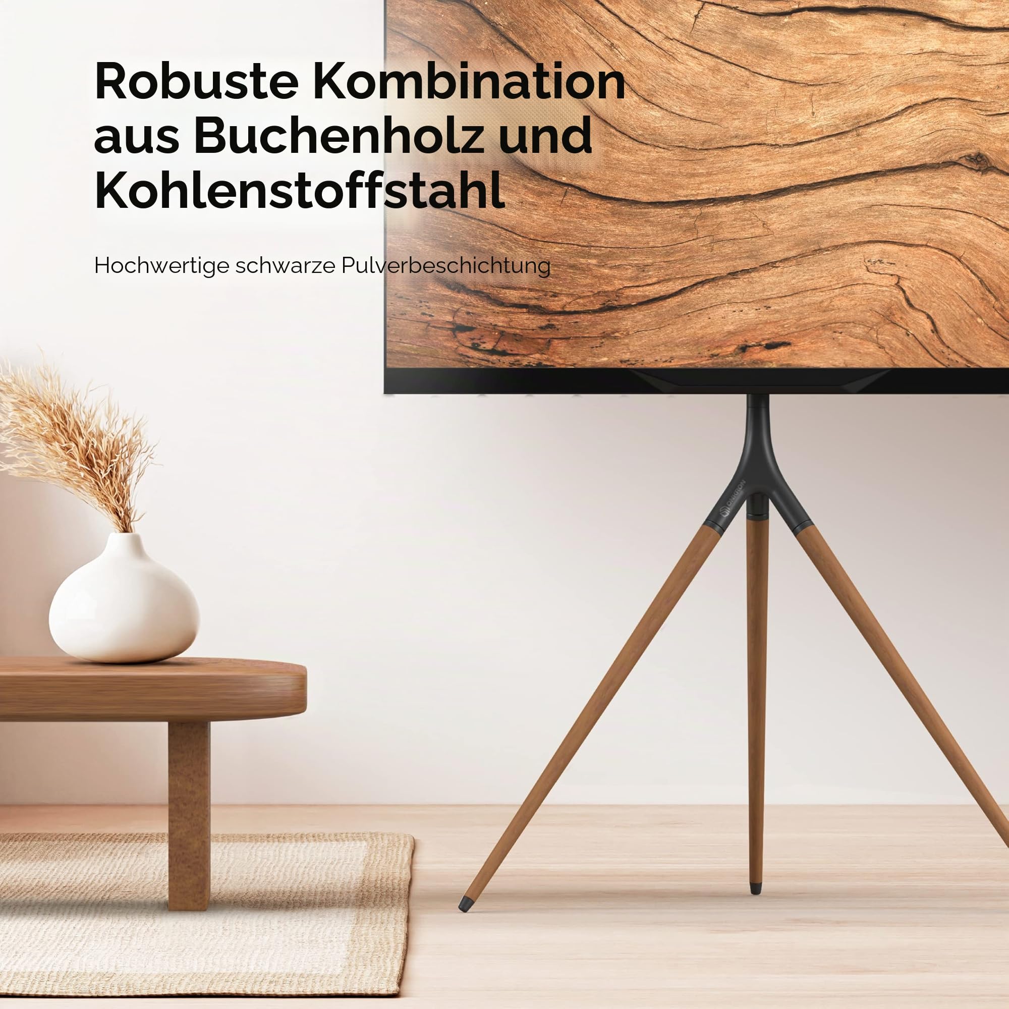 ONKRON TV Staffelei 32-65 Zoll, bis 35 kg, max VESA 400x400, TS1220-B | TV Ständer Dreibein 360° schwenkbar, aus Holz, höhenverstellbar, Hochformat, Kabelclips; für Wohnzimmer, Hotels & Events
