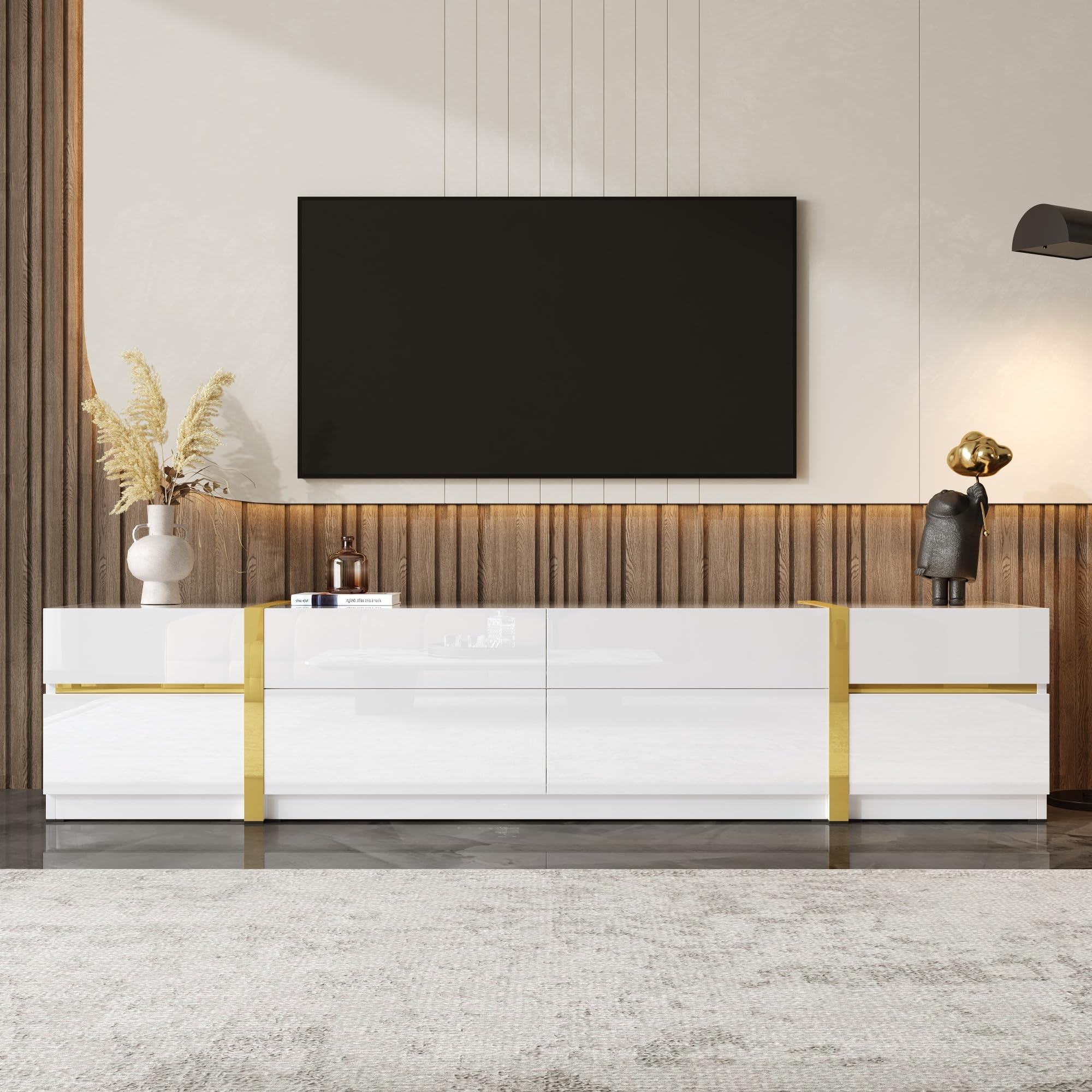 Meuble bas blanc brillant avec accents dorés - Meuble TV bas avec 4 tiroirs et 2 portes - Meuble TV pour grands téléviseurs - Buffet TV moderne pour salon - 180 cm