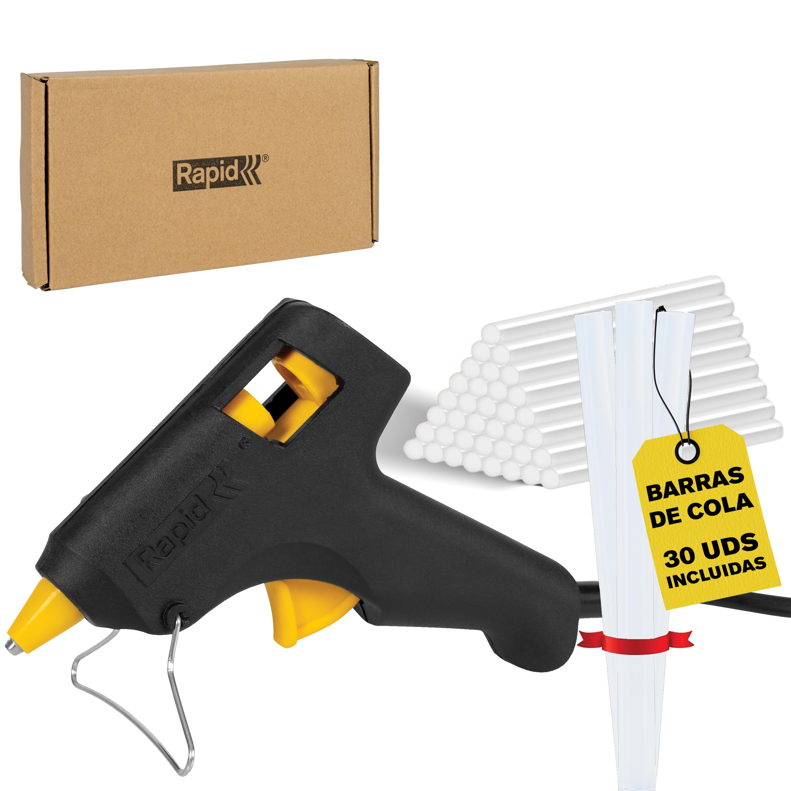 Pistola de cola Rapid Hobby, incluye 30 barras de cola transparente; Pistola de cola de 7 mm para manualidades, reparaciones y bricolaje; 100 g/h de salida, 10 min de calentamiento, 2 años de garantía