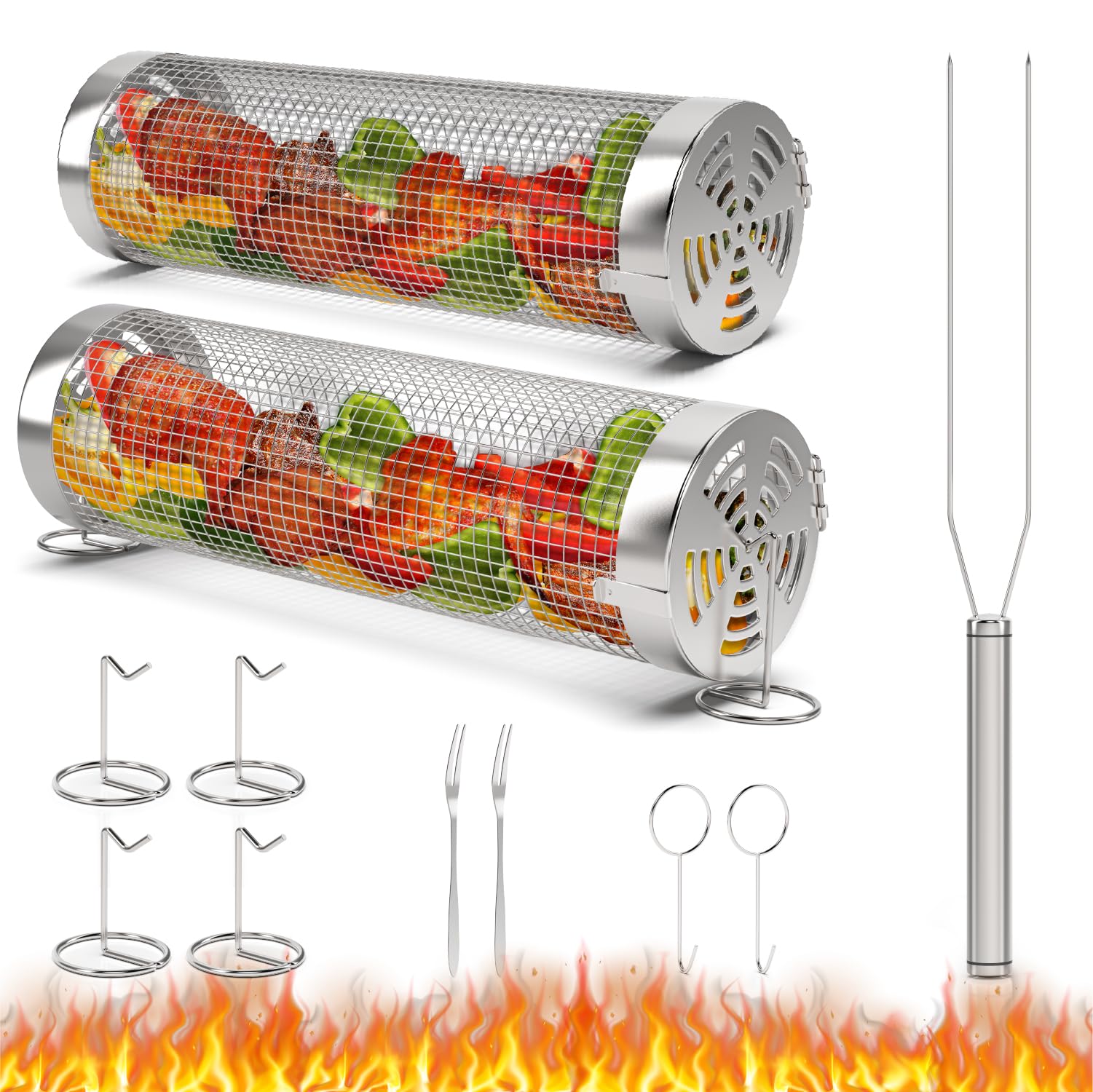 2PCS Rolling Grill Baskets, Portable Grilling Cage with Fork, Cooking bbq accessories for Outdoor Grilling, For Meat Fish Vegetables, Stainless Steel, Basket for Bbq Enthusiast