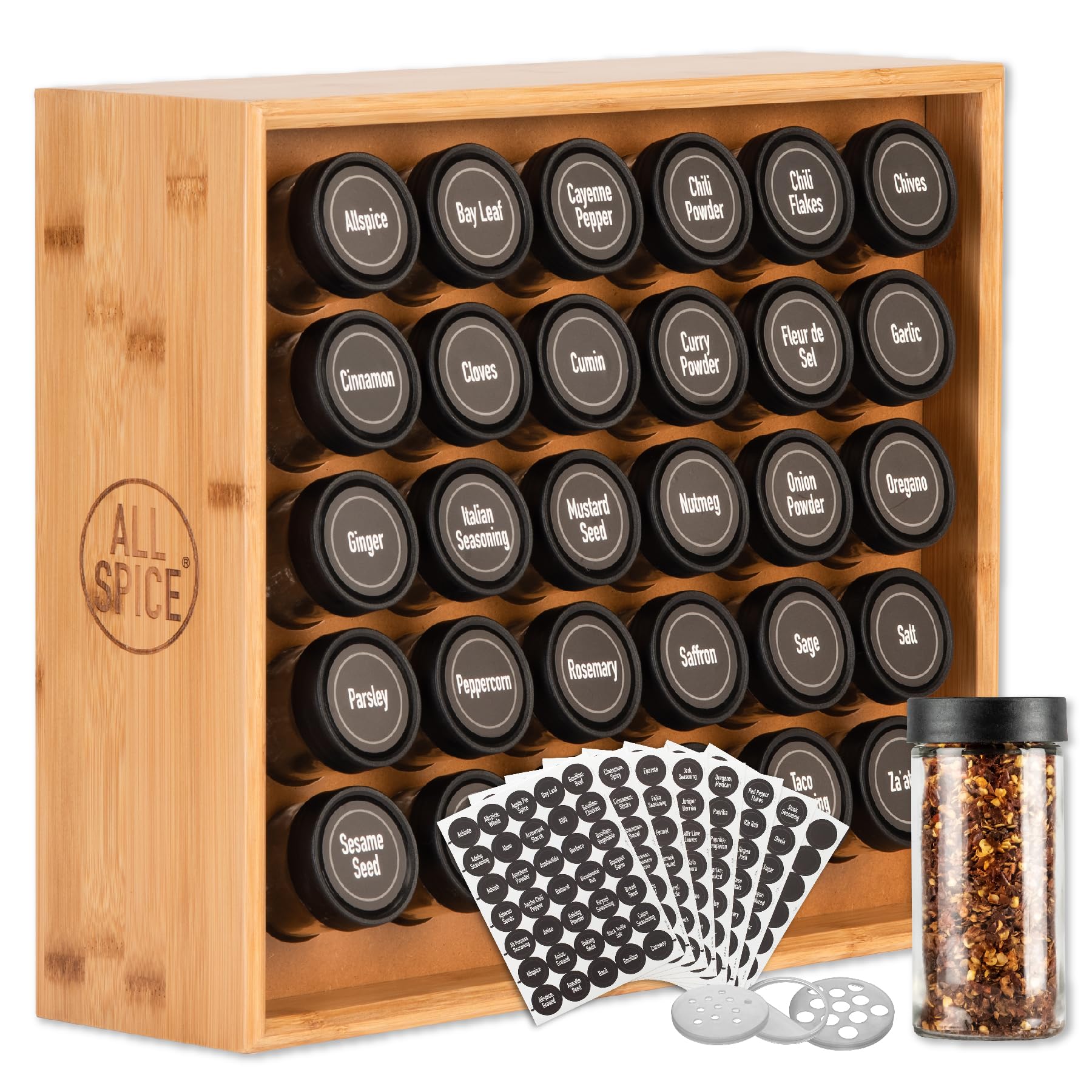 AllSpice Spice Rack Organizer, Wood, 525 Unique Labels, Countertop or Wall Mount, Includes 30 4oz Jars- Bamboo