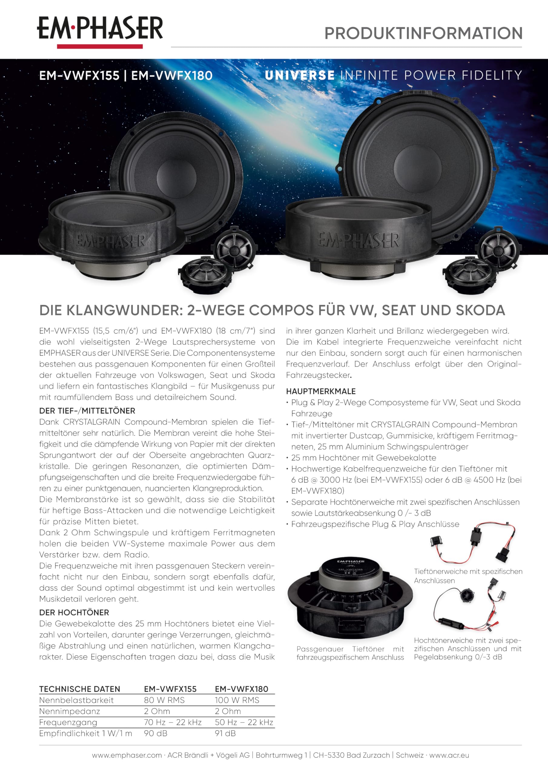 EM-VWFX155 - Potenti Altoparlanti Plug & Play a 2 Vie da 15,5 cm / 6", compatibili con VW, Seat, Skoda, Sistema Audio per Installazione sulla Porta, 80 W RMS, 1 Coppia