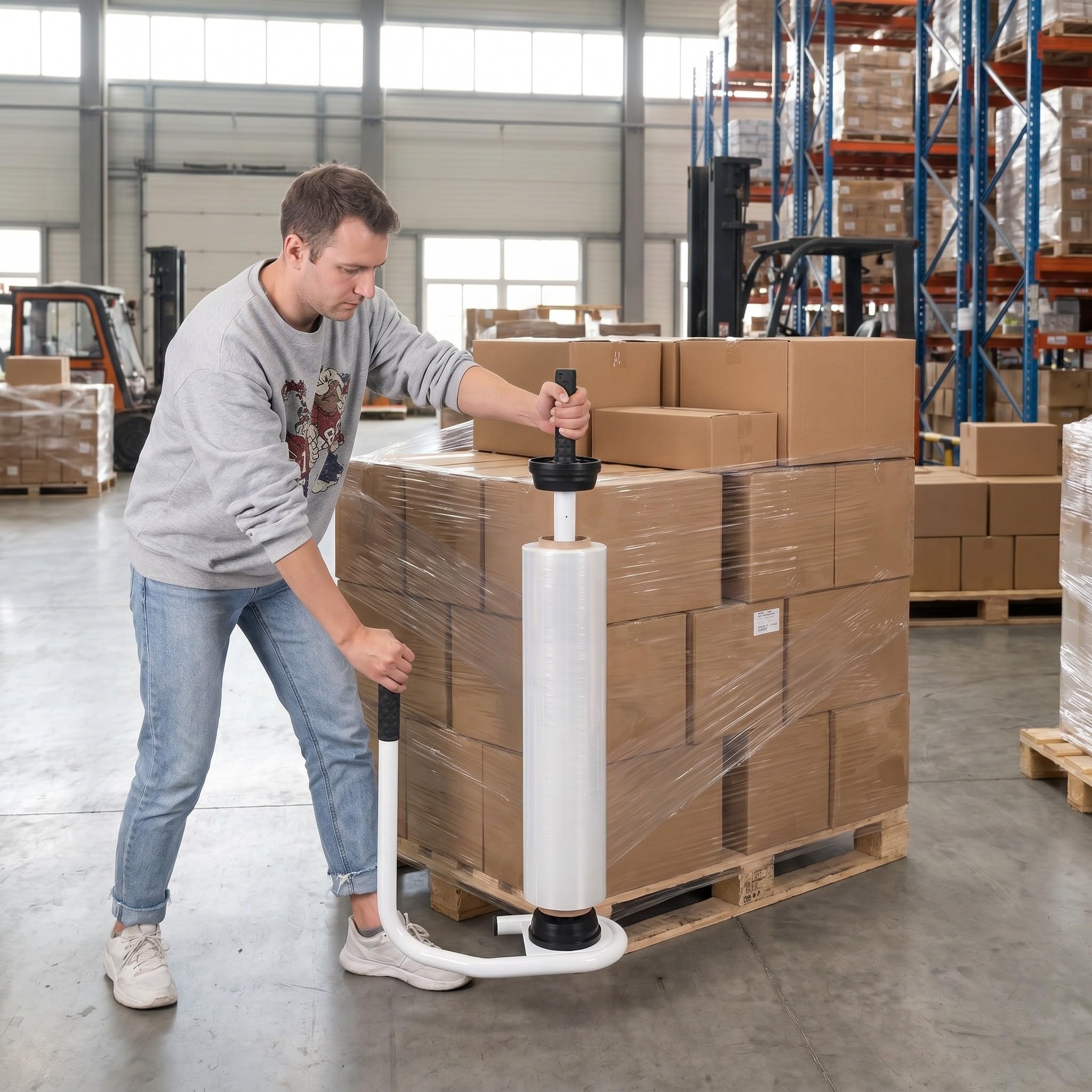 Dispenser in Film per Ergonomico Estensibile e Manuale Manico Ferro Bianco, Regolazione Tensione Supporto Rotolo ed Imballaggi Commerciali Ecommerce