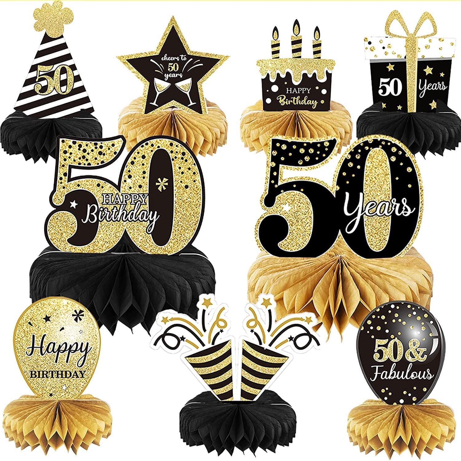 TERRIFI 9Pcs 50th Birthday Table Sign Decorations Supplies for Women& Men, Black Gold Happy 50 Birthday Made in Party Outdoor Party Sign, 50 Year Old Birthday Yard Decor