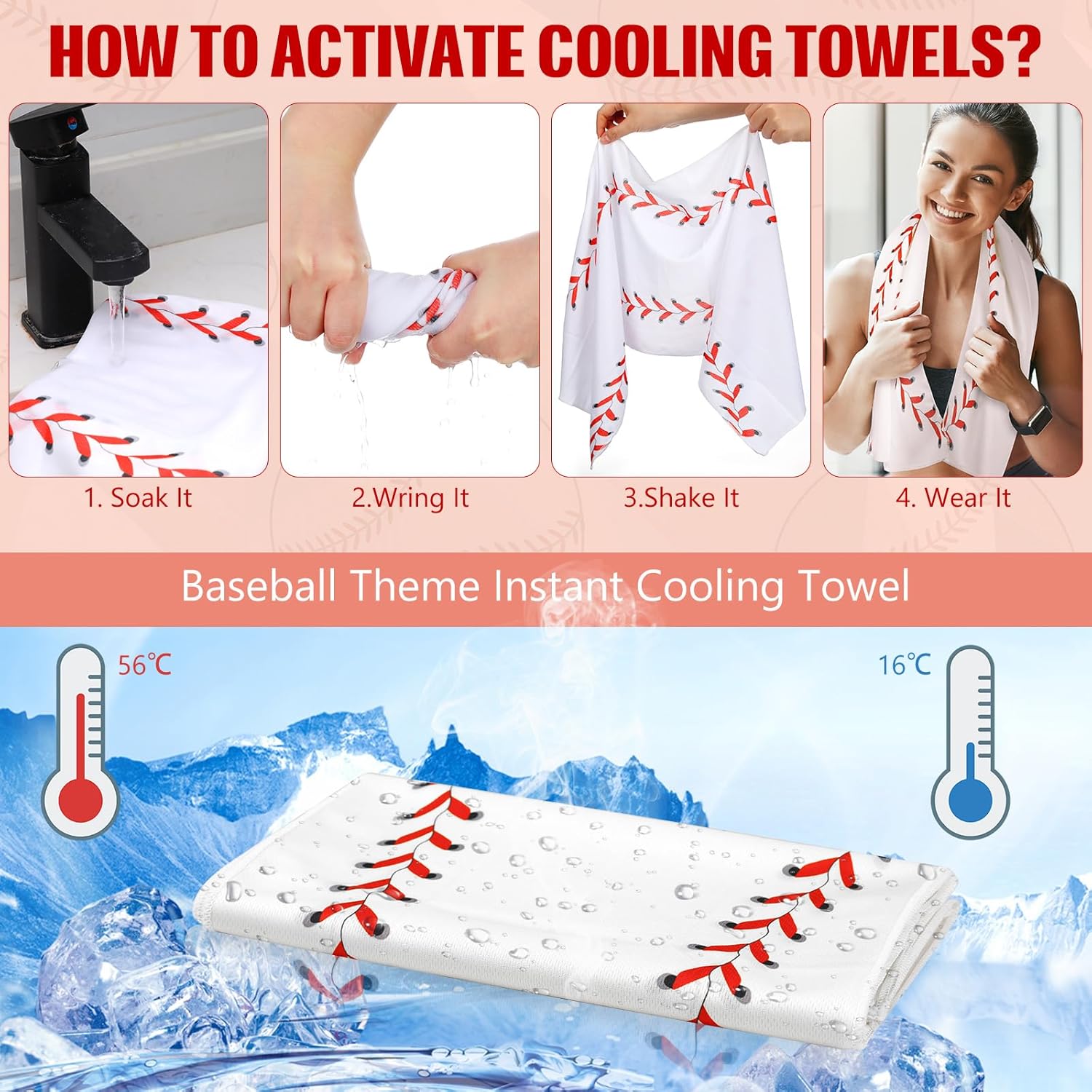 12 Pcs Cooling Towel Baseball Football Basketball Breathable Chilly Softball Soccer Ice Towel, 40"x12" Tennis Microfiber Accessories for Player(White,Baseball)