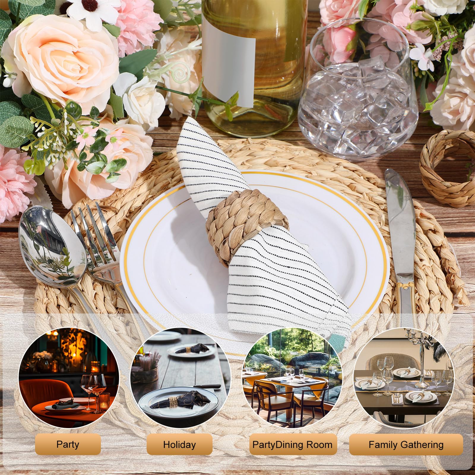 Hsei Lot de 48 ronds de serviette bohème en rotin tissé rustique fait à la main en jacinthe d'eau naturelle pour la Saint-Valentin, Thanksgiving, fête d'anniversaire, dîner