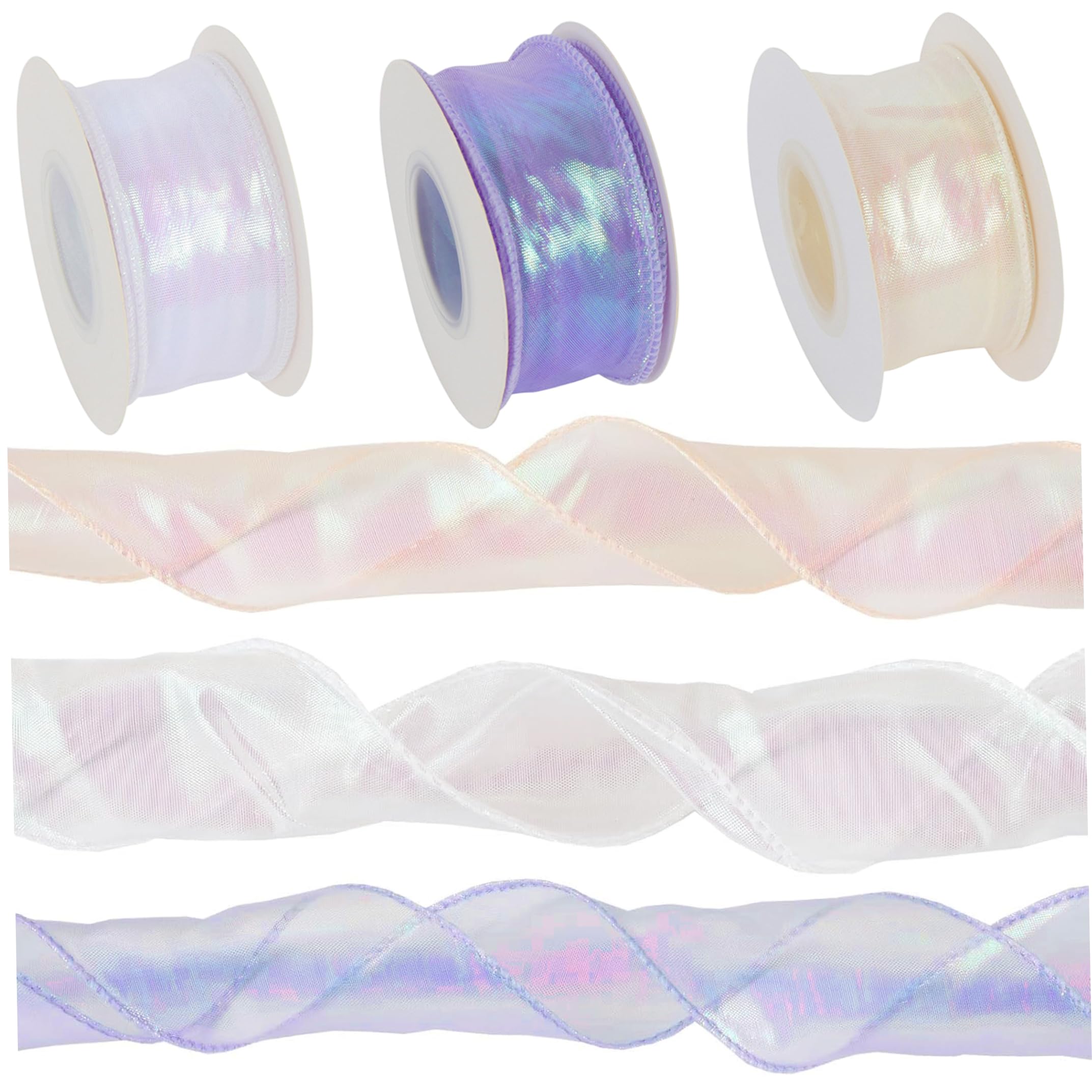 Xoeryoy Iridescent Ribbon, 3PCS Sheer Ribbon Shimmering Decorative Ribbons for Crafts, Beige/Purple/White, 1.57in X 29.53ft Each ;1