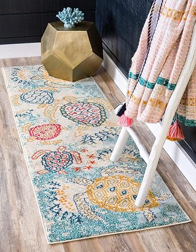 Unique Loom Positano Collection - Alfombra costera moderna de tortugas en beige, de la colección Positano (2 x 7 pies)