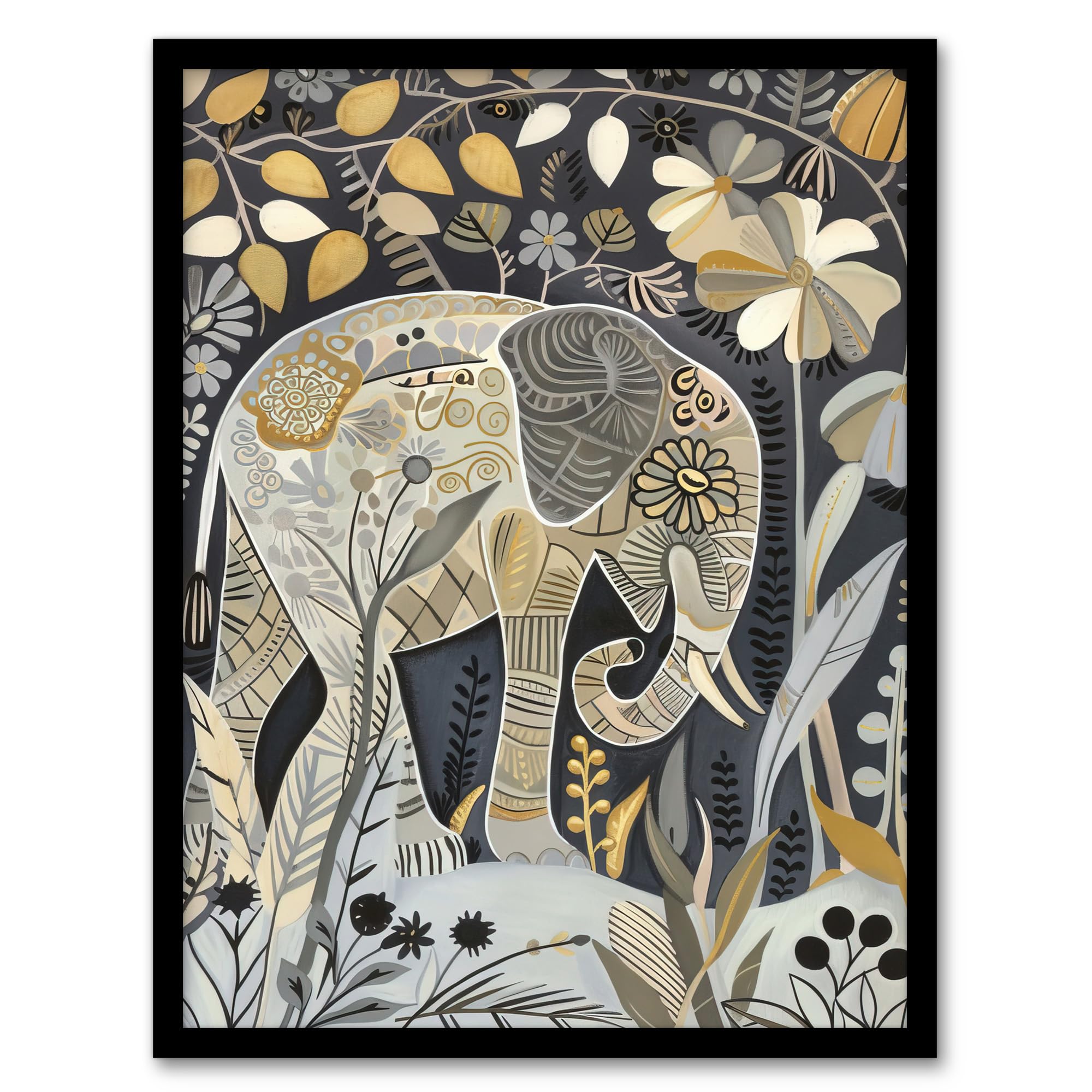 Artery8 Elephant Flowers Artwork Quirky Floral Folk Art Living Room Artwork Framed Wall Art Print A4