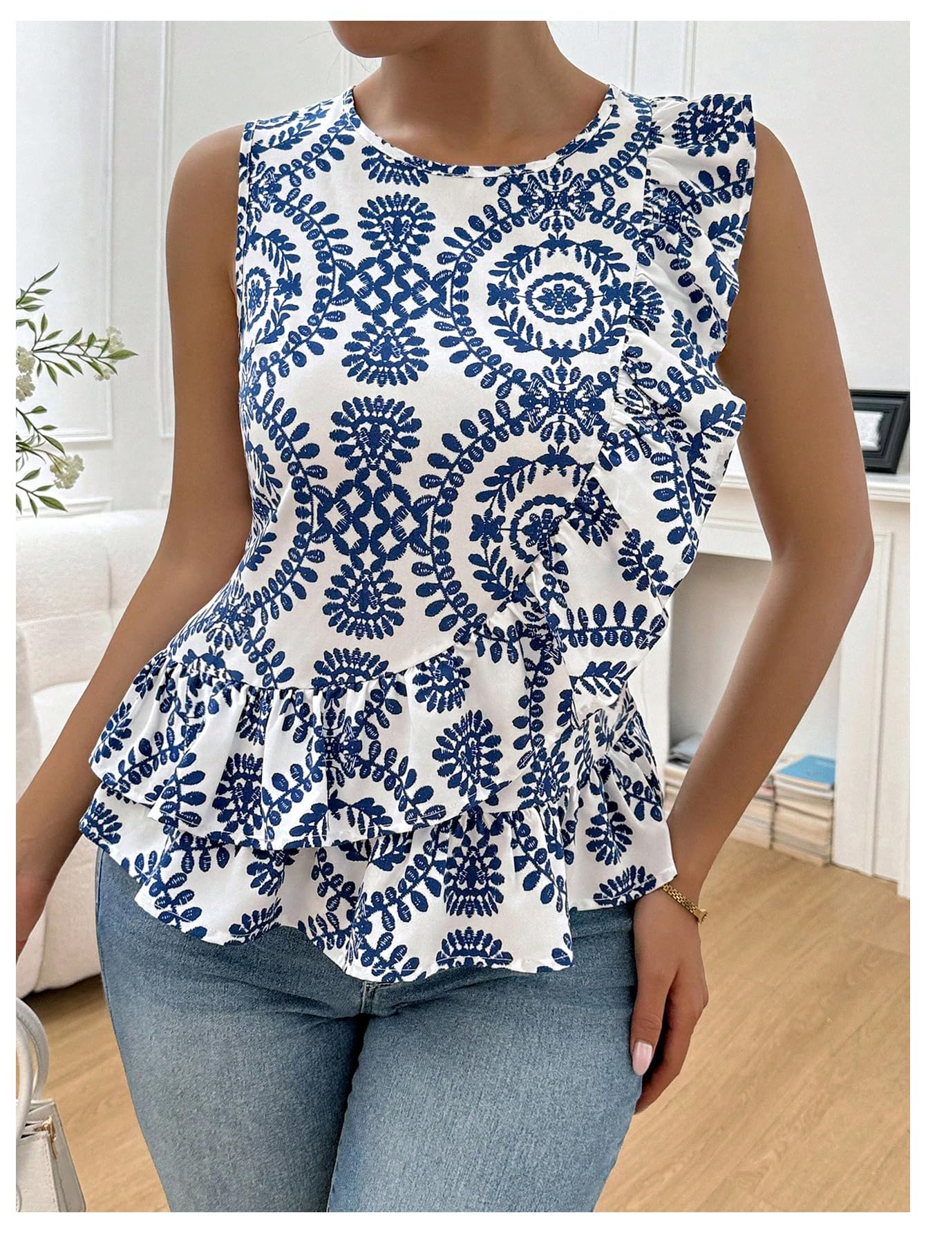 Floerns Camicetta da donna con scollo rotondo floreale e orlo a volant, senza maniche, stile boho