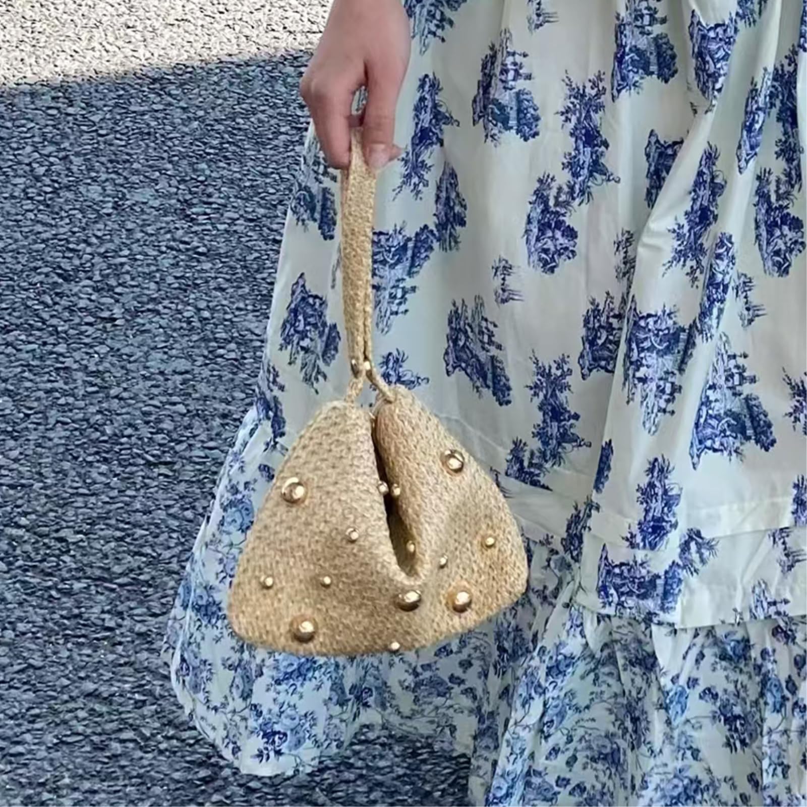 Stroh Schultertasche Clutch Tasche Schließung Abend Handtasche Mit Rivetsummer Frauen Strand Raffia Handtasche-beige with Bead