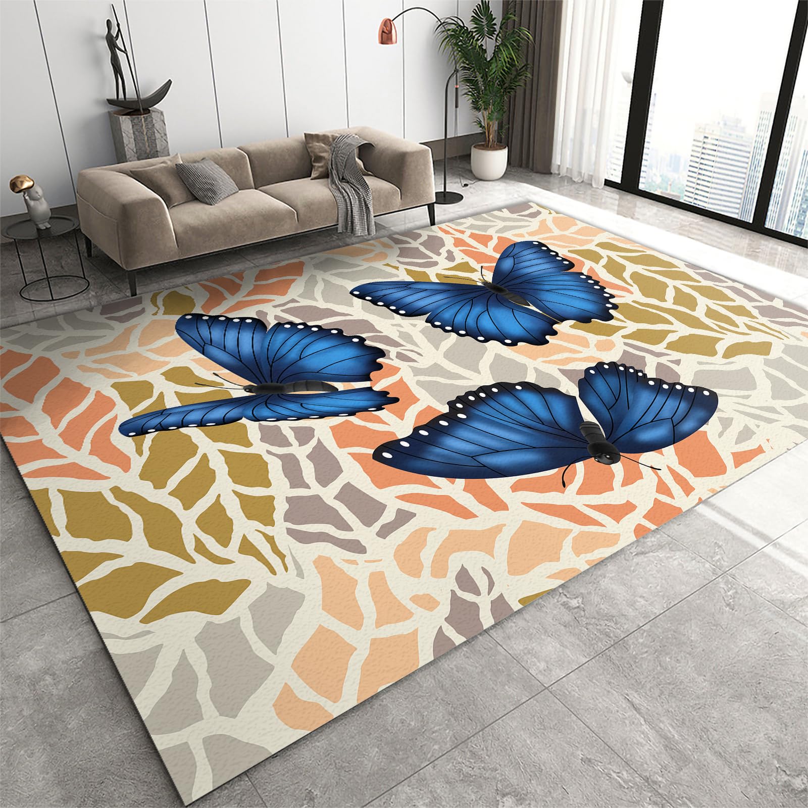 FIEMAR Area Rug 90x150cm Area Rugs Living Room, Creative Butterfly Colorful Leaf Rugs, Kid and Pet-Friendly Rug, Large Soft Washable Area Rug with Non Slip Backing Carpet for Bathroom Hallway Kitchen