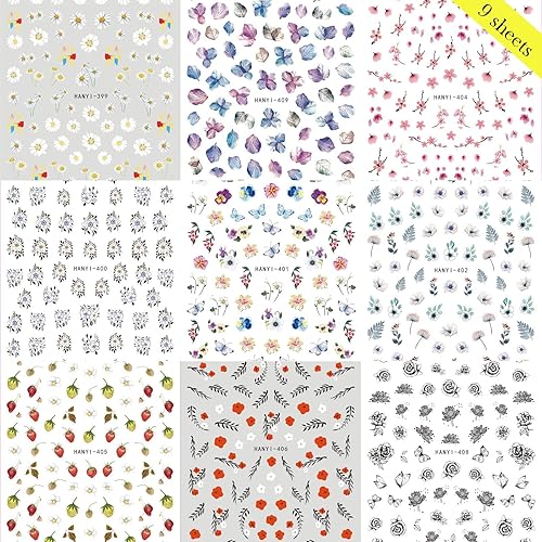 Miniatura 7 de 9 hojas de calcomanías de arte de uñas de flores, calcomanías autoadhesivas 3D, uñas de primavera y verano, margarita, hojas de mariposa, diseño