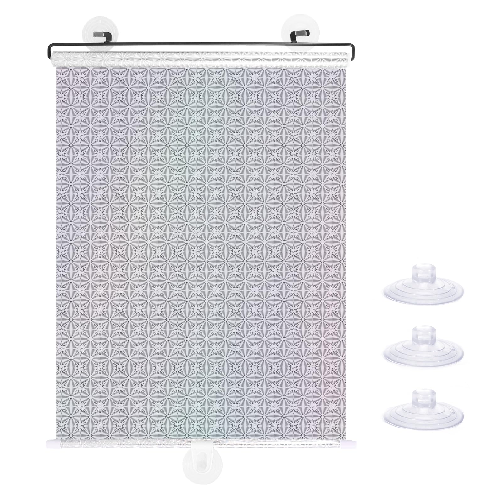 No Drilling Retractable Roller Window Shades W/3 Suction Cups, Black Blackout Blind Shade Temporary Cover Curtain for Home Bedroom Car (49.21" L× 26.77" W, Laser Pattern)