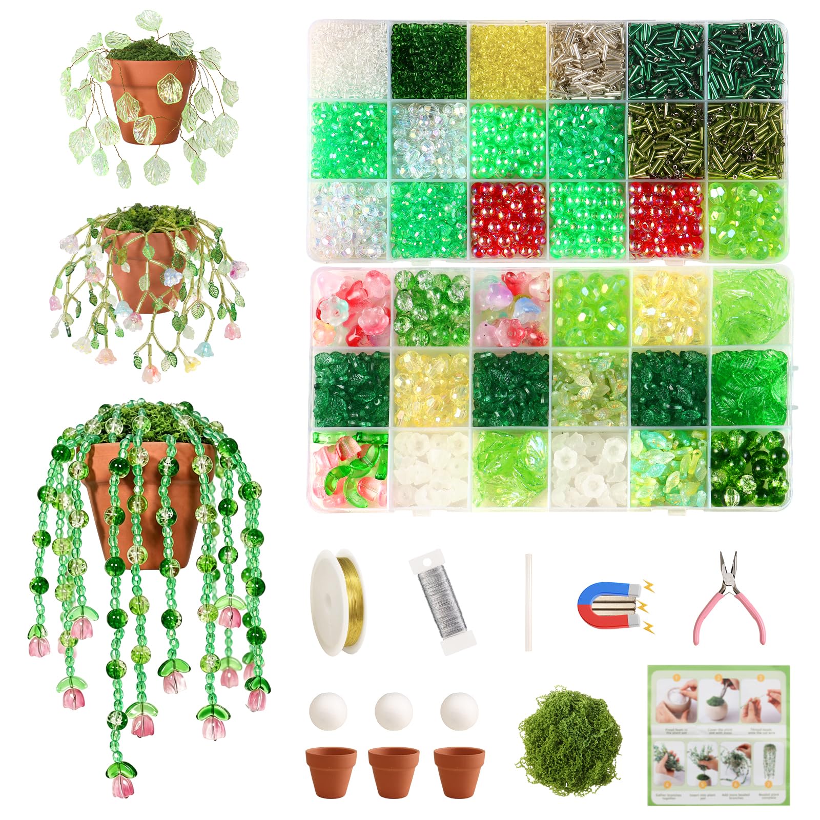 Weldomcor 6385PCS Green Glass Beaded Plant Kit, Green Seed Bead Crystal Bead for DIY Beaded Plants with Tutorials, Forever Plants Beads Making Kit for Jewellery Making Crafts