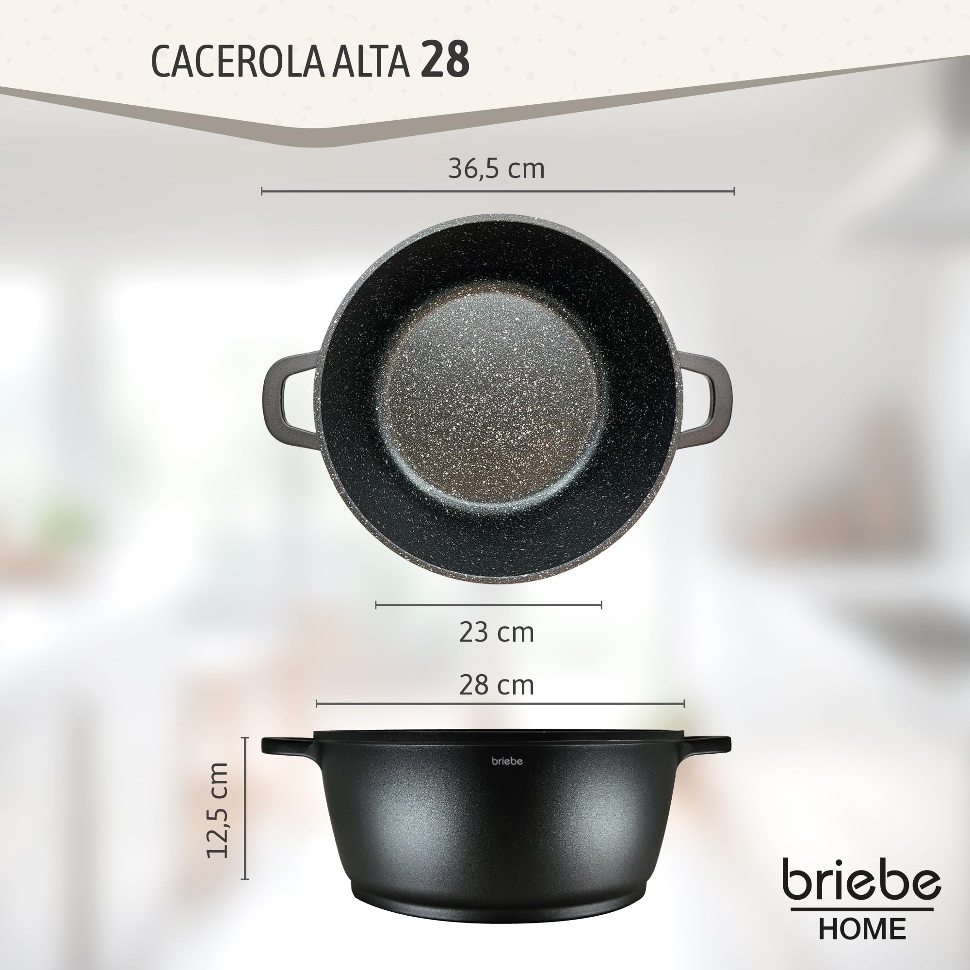 briebe Black Titanium Cacerola Cocina Inducción Antiadherente Titanio, Cazuela 28cm, Aluminio Fundido, Recubrimiento sin PFOA, Tapa Cristal, Asas Silicona Extraíbles, Vitrocerámica, Gas, Horno