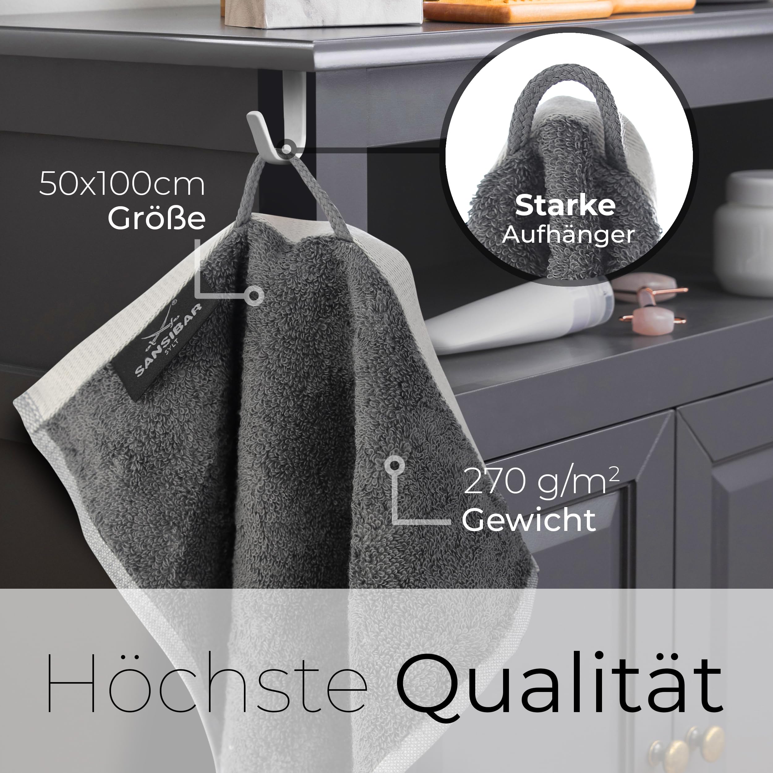 Sansibar Handtuch 4er Set 50x100 cm 100% Baumwolle Doubleface Frottiertuch gestreifte Borde Zweifarbig Silber/Anthrazit