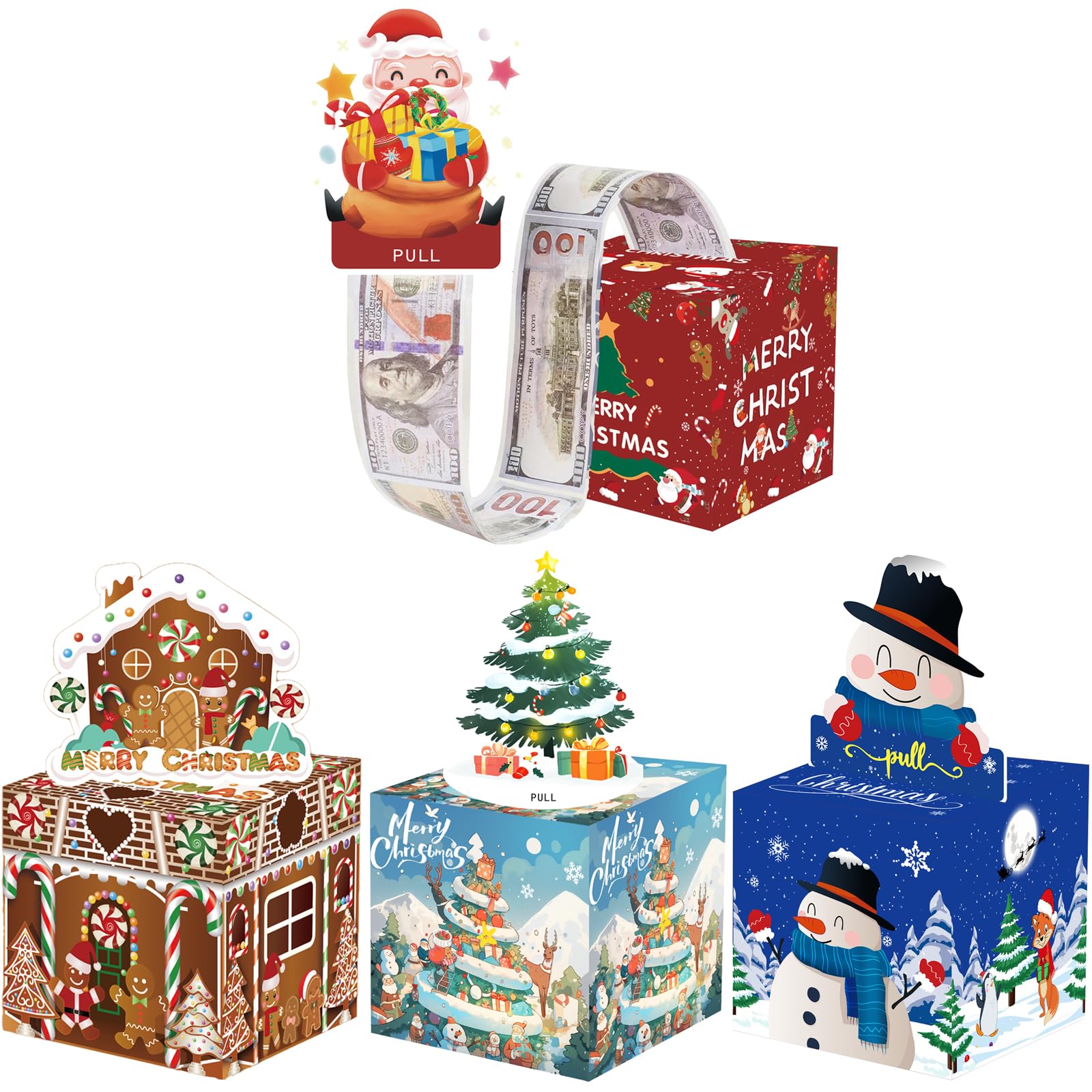 Christmas Money Box for Cash Gift, 4 Styles Xmas Pull Surprise Money Gift Boxes for Adults, Money Cake Pull Out Cash with Christmas Card and 50P Transparent Bags, Money Pull Box for Holiday Party