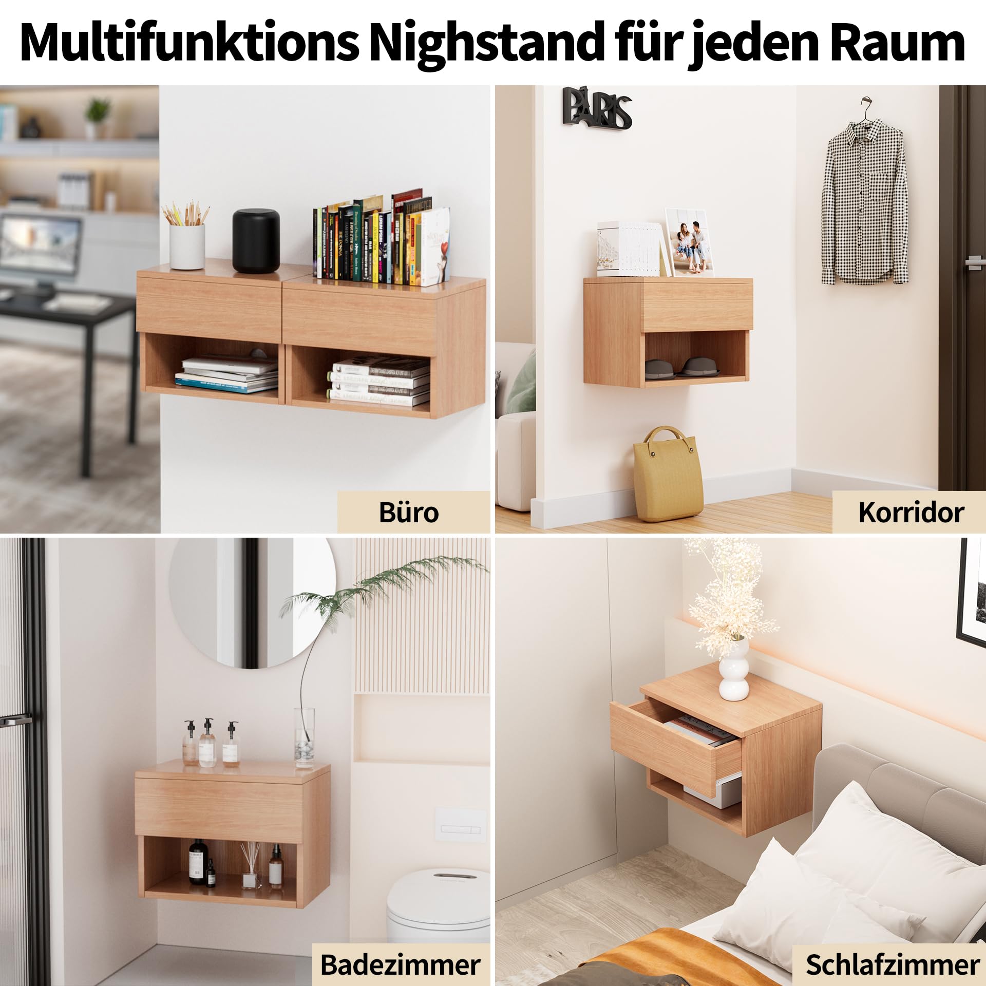 LAPTAIN Schwebender Nachttisch Wandregal Mit Schublade – Platzsparend, 9 Kg Belastung, Für Schlafzimmer & Wohnzimmer, 2-tlg.