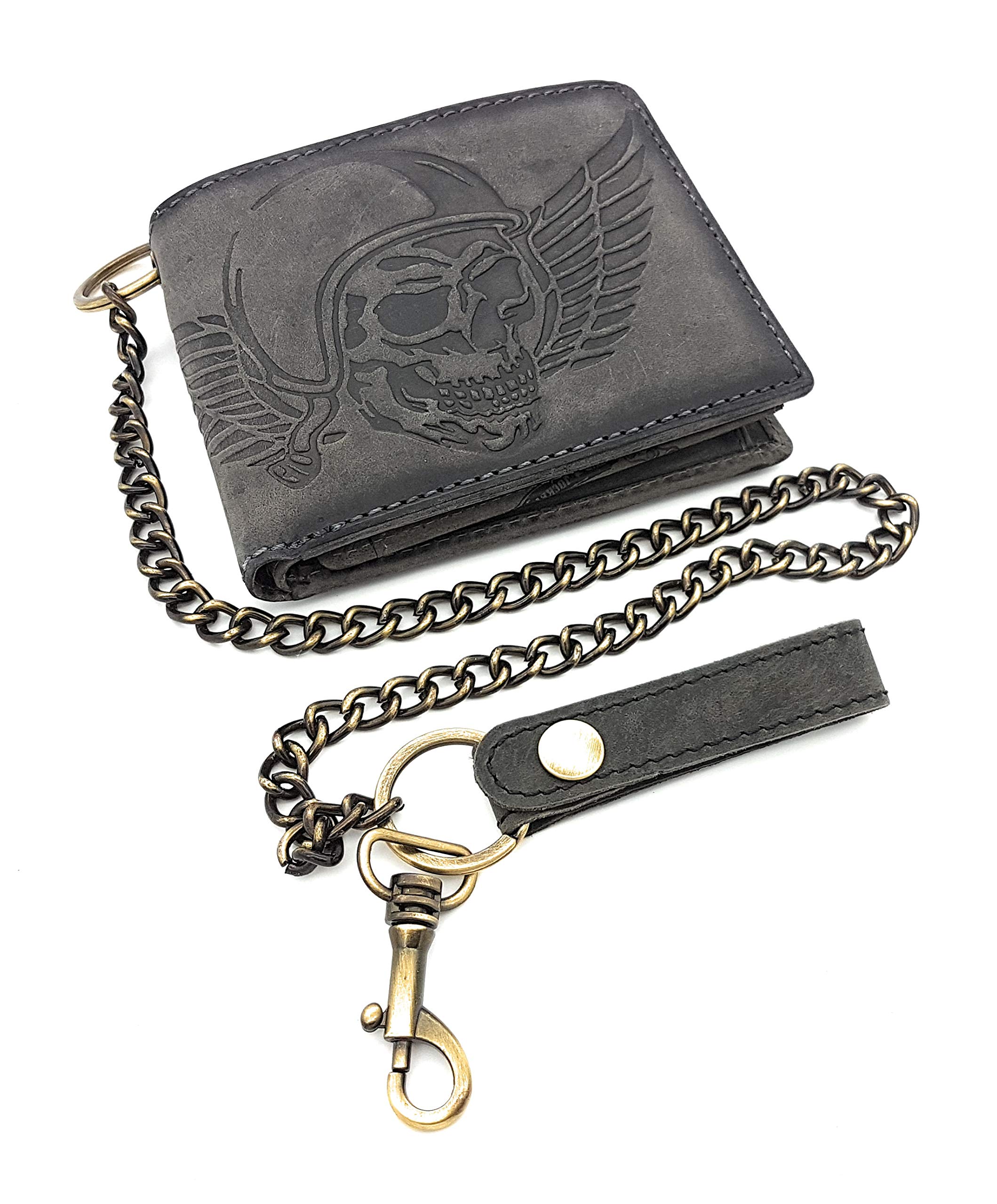 Monedero de piel auténtica con diseño de calavera y alas con cadena de 50 cm y protección RFID