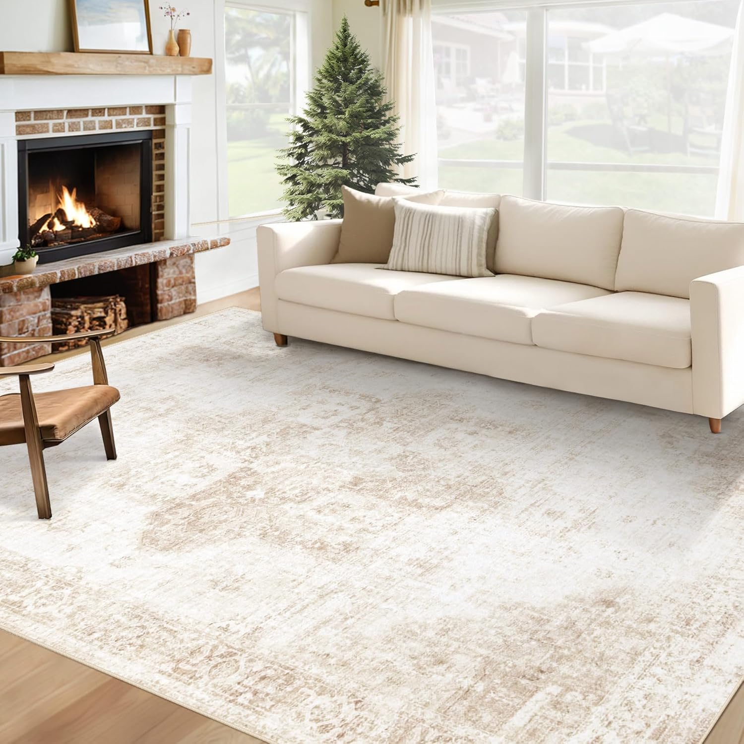 Area Rug 6x9 Washable Rug, Vintage Boho Medallion Rugs Non-Slip Soft Low Pile Large Distressed Rug Indoor Retro Carpet for Living Room Bedroom Dining Room Home Office (Beige, 6'x9') Beige 6' x 9' (Rectangular)