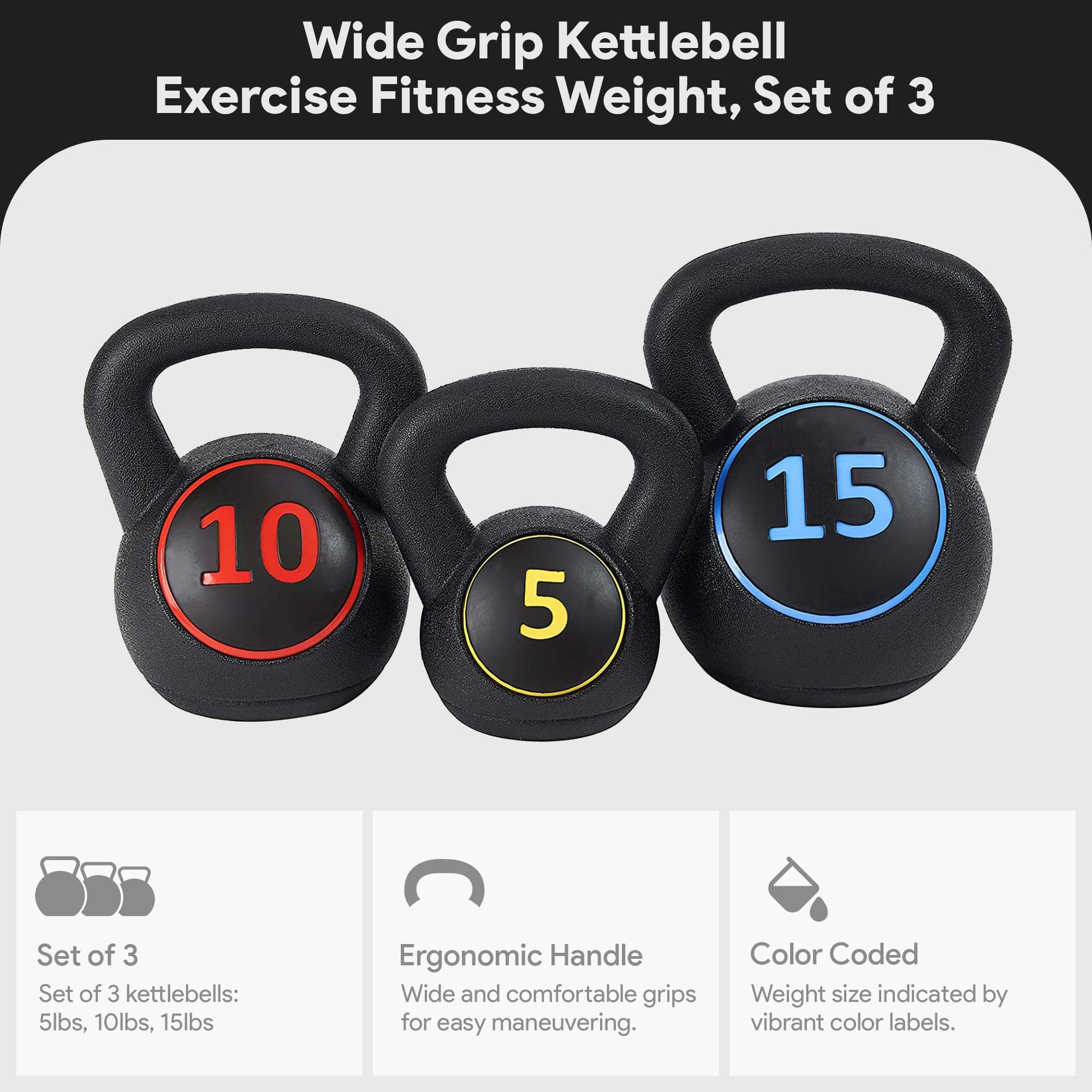 BalanceFrom Set of 3 Vinyl Ergonomic Wide Kettlebell Exercise Workout Fitness Weights for Balance and Strength Training, 5, 10, and 15 Pounds, Black