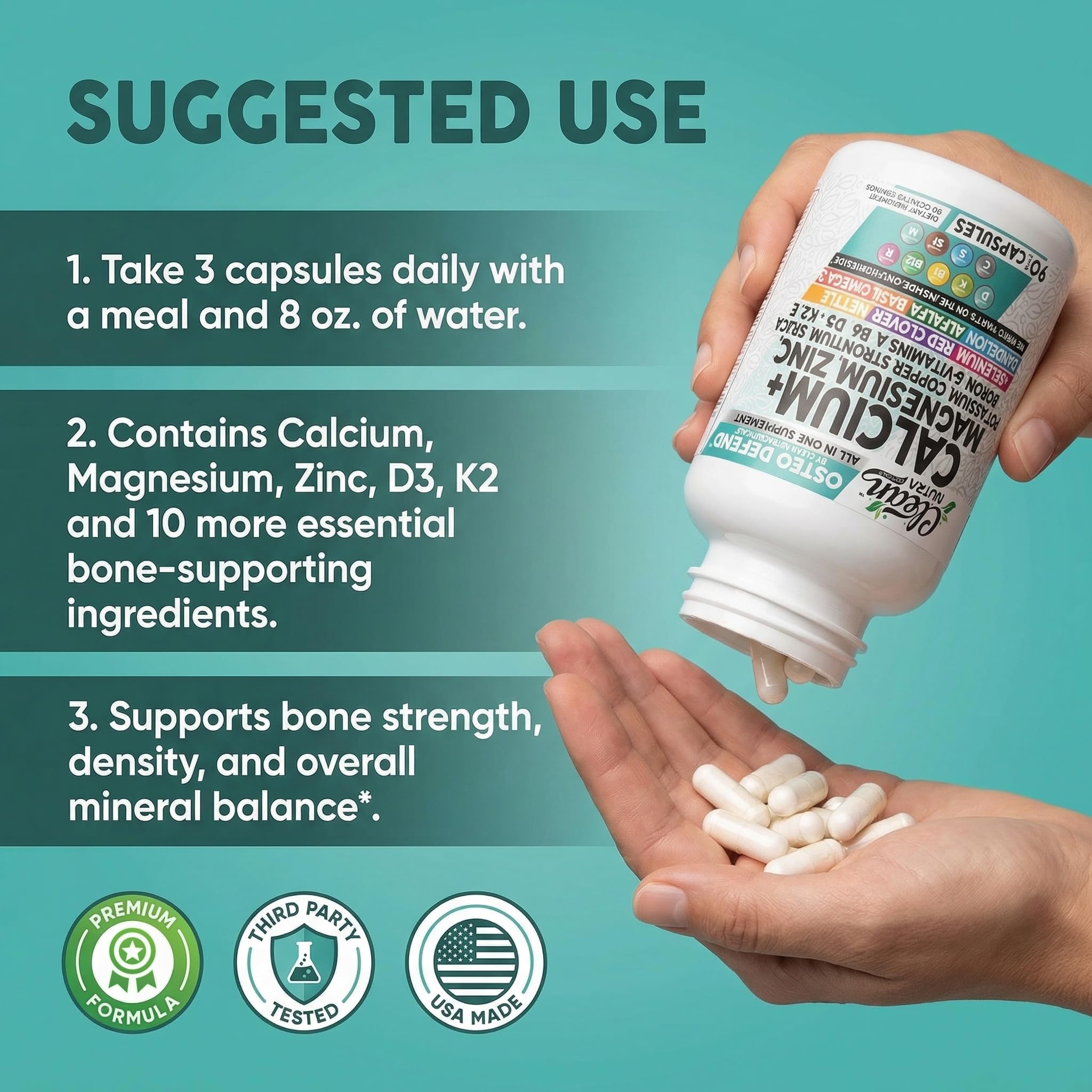 Allin1 Calcium Magnesium Zinc Supplement with Potassium, Copper, Strontium, Silica, Vitamin D3 K2, Boron, Vitamin B1 B12 Red Clover Herb Alfalfa Basil Pills for Men & Women Clean Nutra Osteo Defend — Amazon image 6