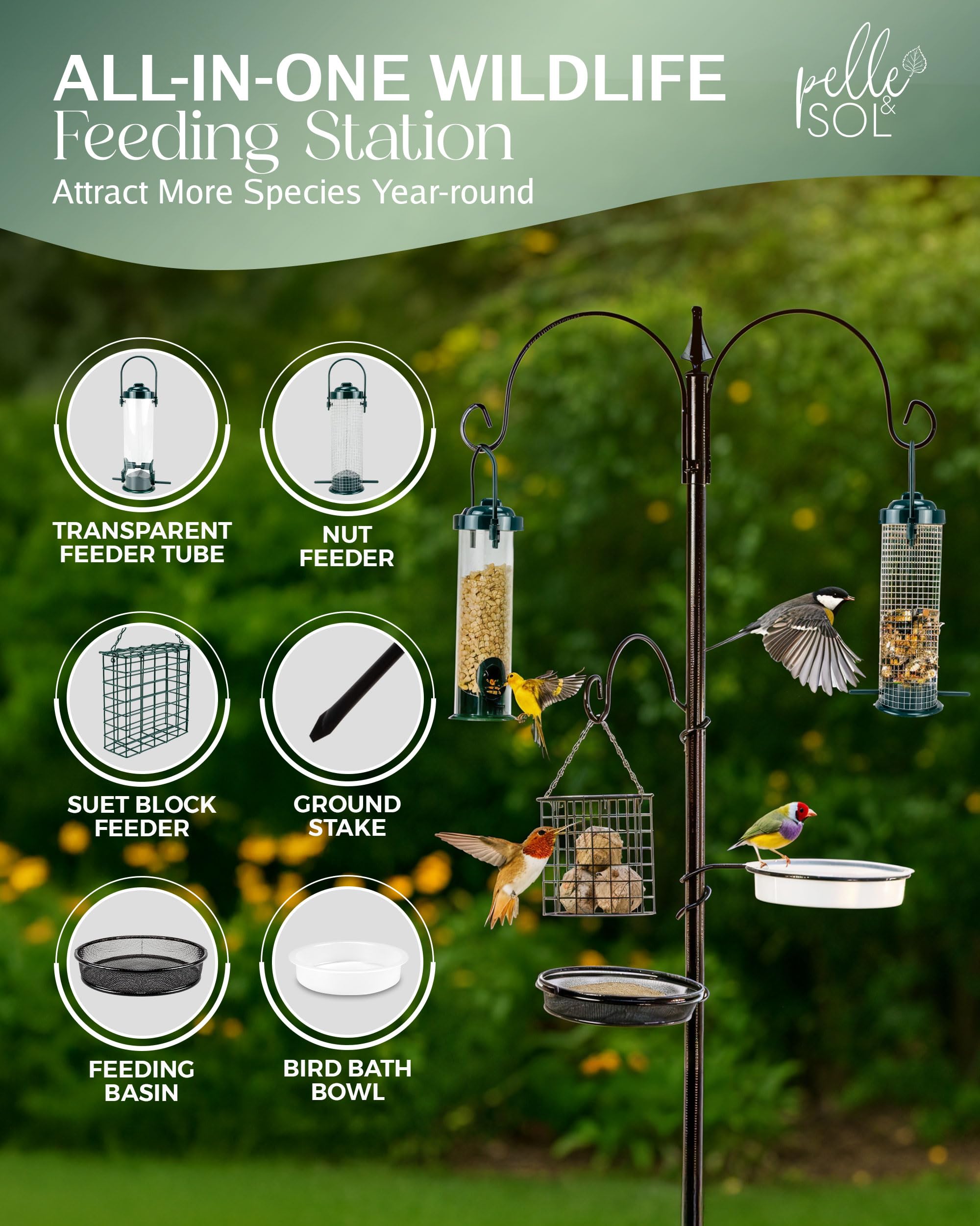 Pelle & Sol Bird Feeder with 3 Feeders & 2 Dishes | Bird Feeders Hanging Station, Bird Feeding Stations for the Garden, Bird Feeders for Small Birds — view 2