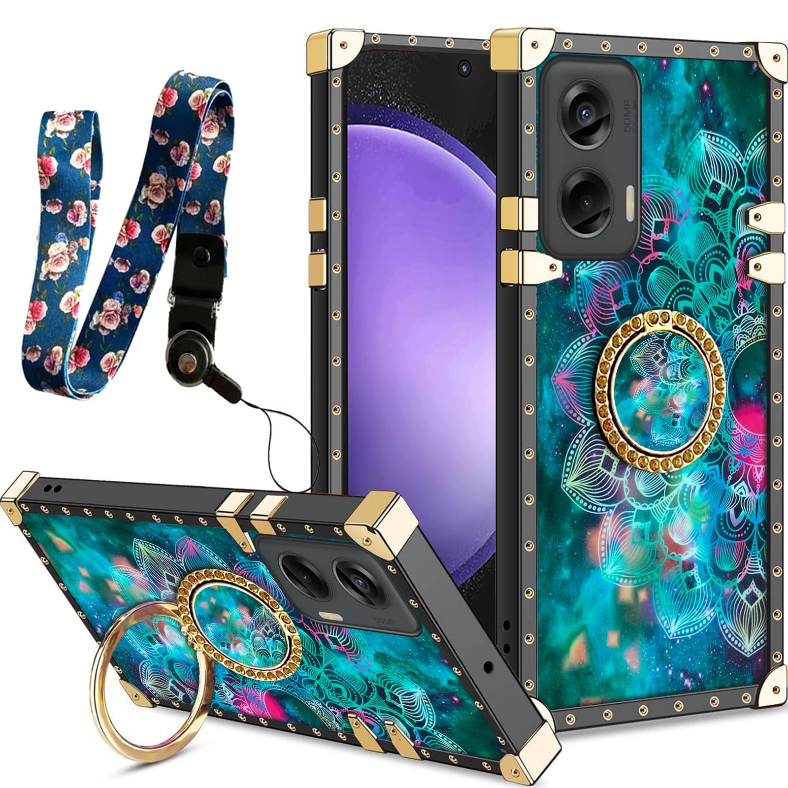 nancheng for Motorola Moto G Stylus 5G 2024 Phone Case with Ring Stand Strap Lanyard Shockproof Protective Case - Flower