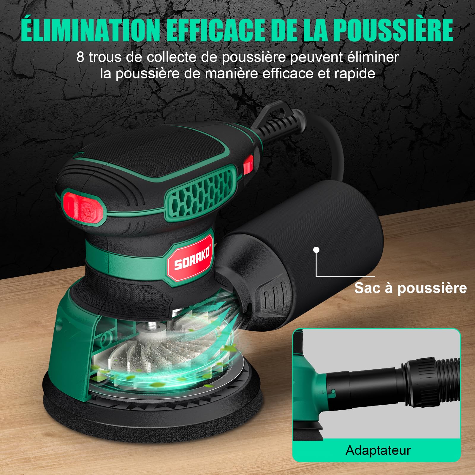 SORAKO Ponceuse Excentrique 350 W 125 mm, Ponceuse à 6 Vitesses avec Boîte