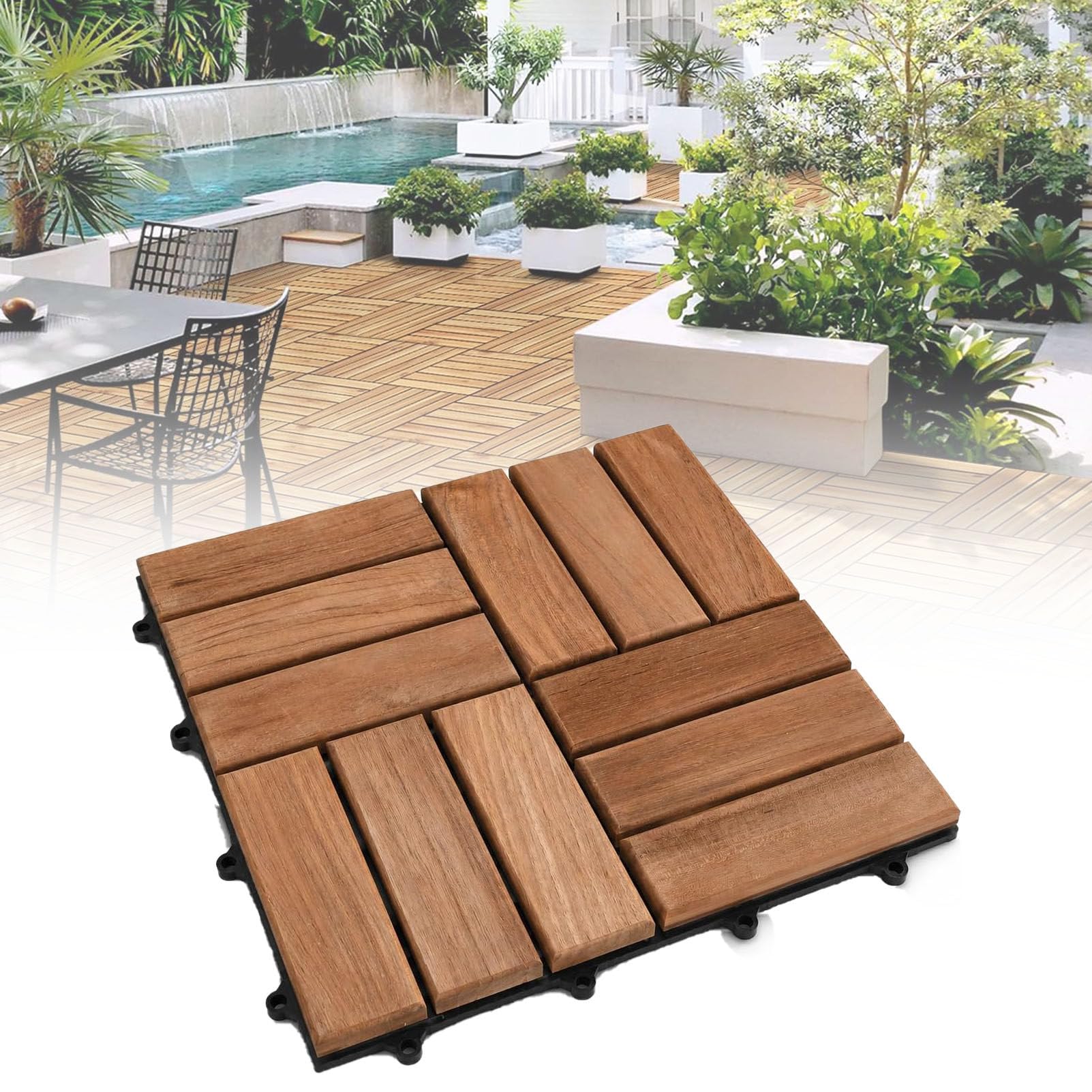 Piastrelle Antiscivolo per balconi e spazi Esterni 12-Slat-12pc | Piastrelle a incastro in legno di acacia (30x30 cm) con base drenante; resistenti alle intemperie, ideali per giardino