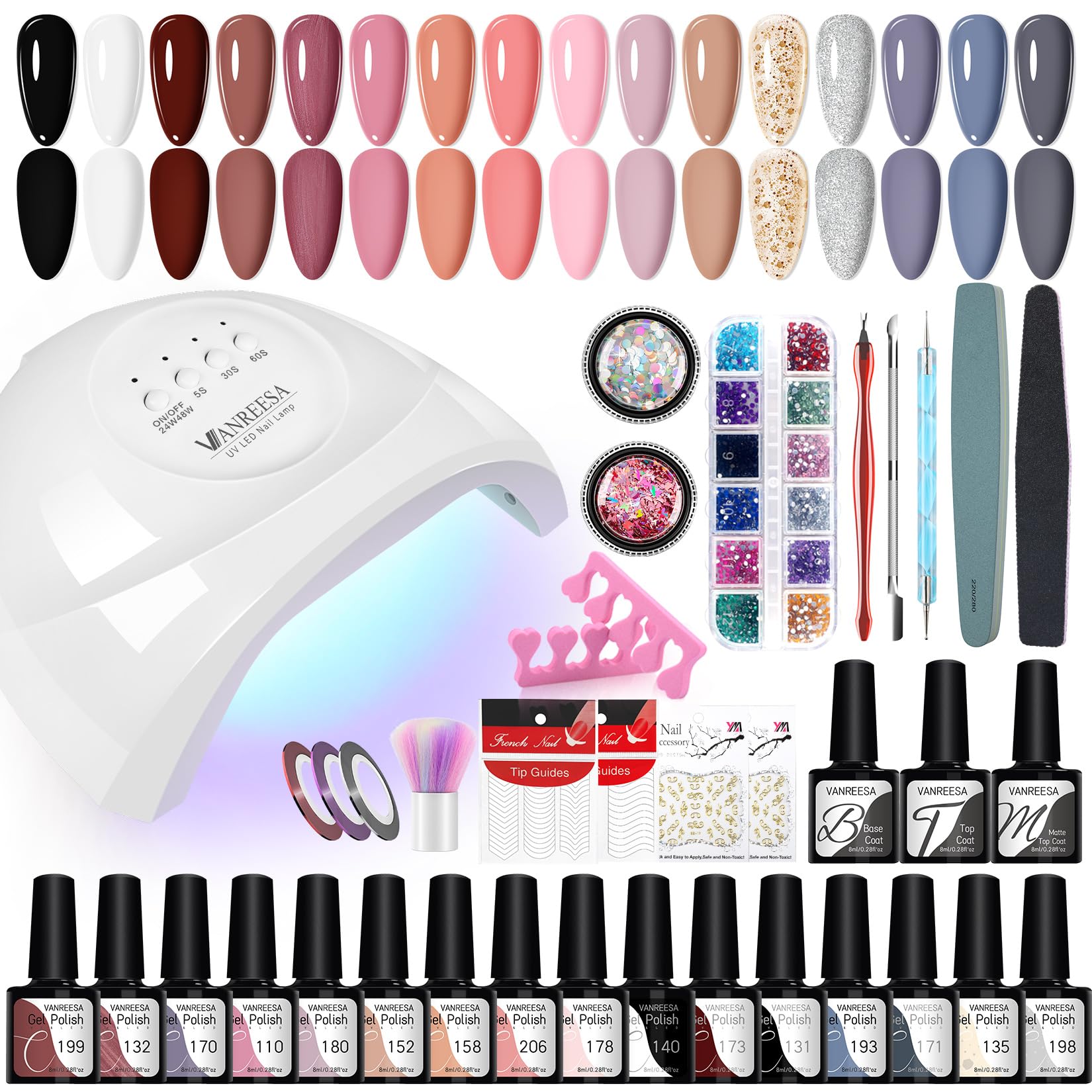 VANREESA Kit Semipermanente Unghie con U V Lampada 48W 16 Coloris Smalto Semipermanente Unghie Kit Unghie Gel Completo con Matt Top Base Coat Regali per Donna SET01