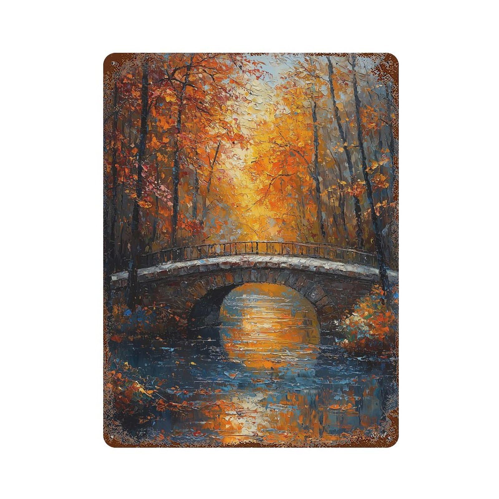 Impressionist Inspired Autumn Bridge Scene Distressed Metal Wall Sign 15.7"x11.8", for Farmhouse, Kitchen And Entryway Decor, Rustic Home Decor