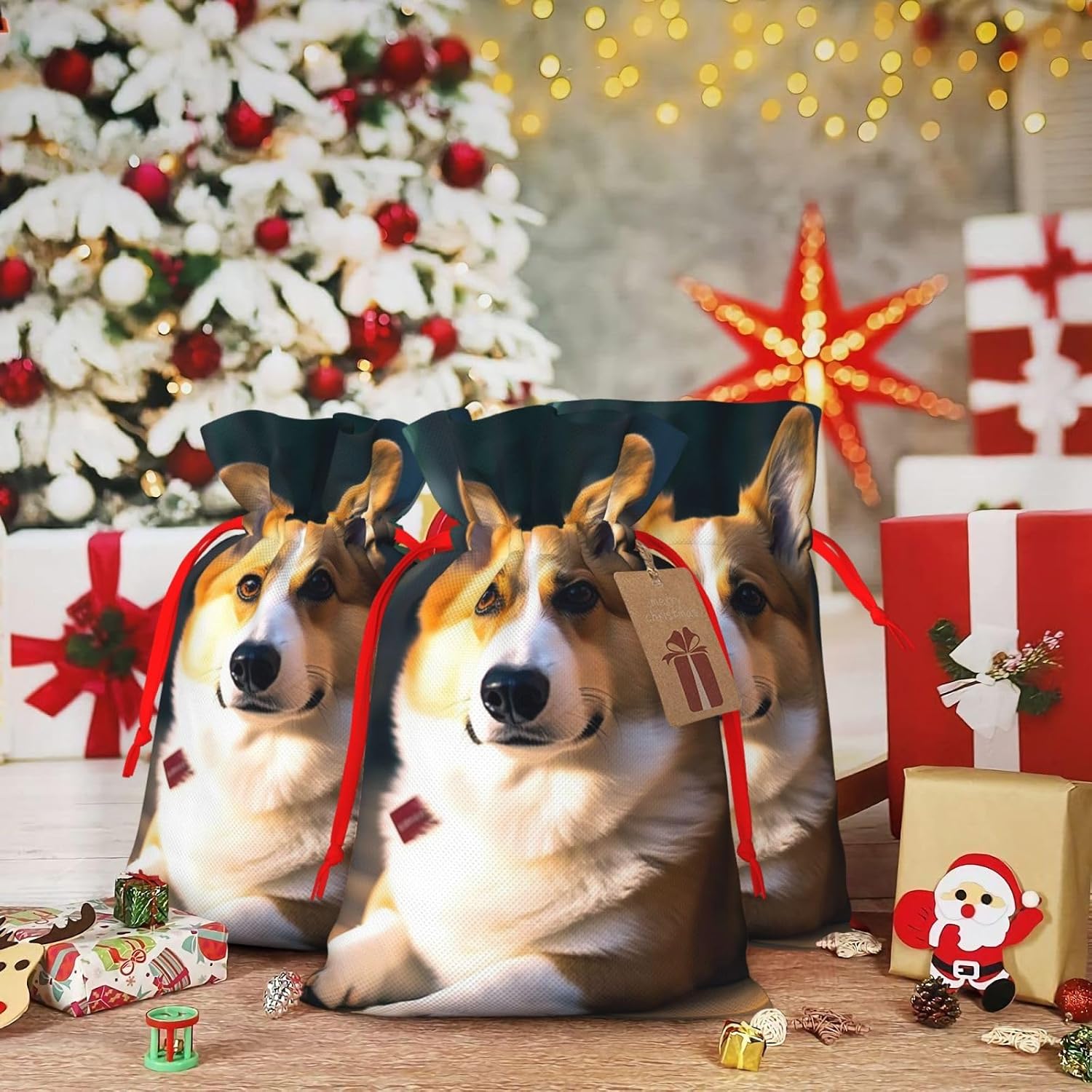 NBCCDVSH Christmas Drawstring Gift Bags Smart Corgi Xmas Wrapping Bag with Tag Holiday Gift Drawstring Present Bag for Christmas Birthday Holiday Party Santa Candy Sack Pouch image 5