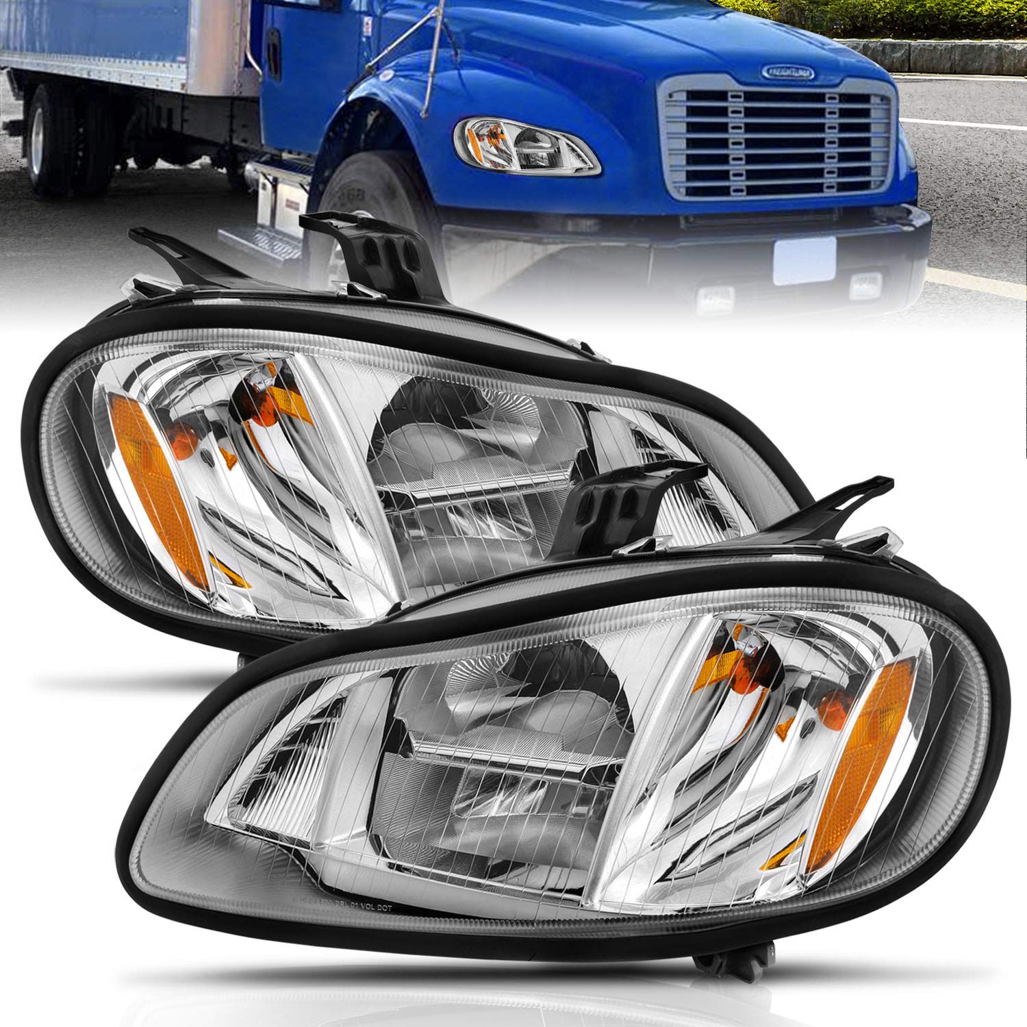 AmeriLitefor 2002-2019 Freightliner M2 Reflection LED Main Beam Chrome Replacement Headlight Pair - Passenger and Driver Side
