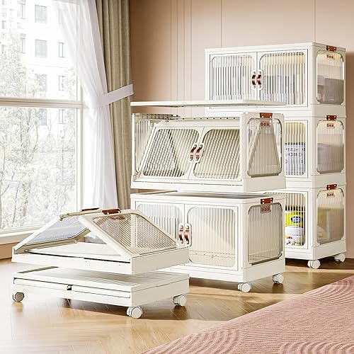 Miniatura 5 de Gagee Contenedores de almacenamiento de 5 capas con 2 tapas, ruedas de plástico grande, caja de almacenamiento plegable, apilable de 28 cuartos de