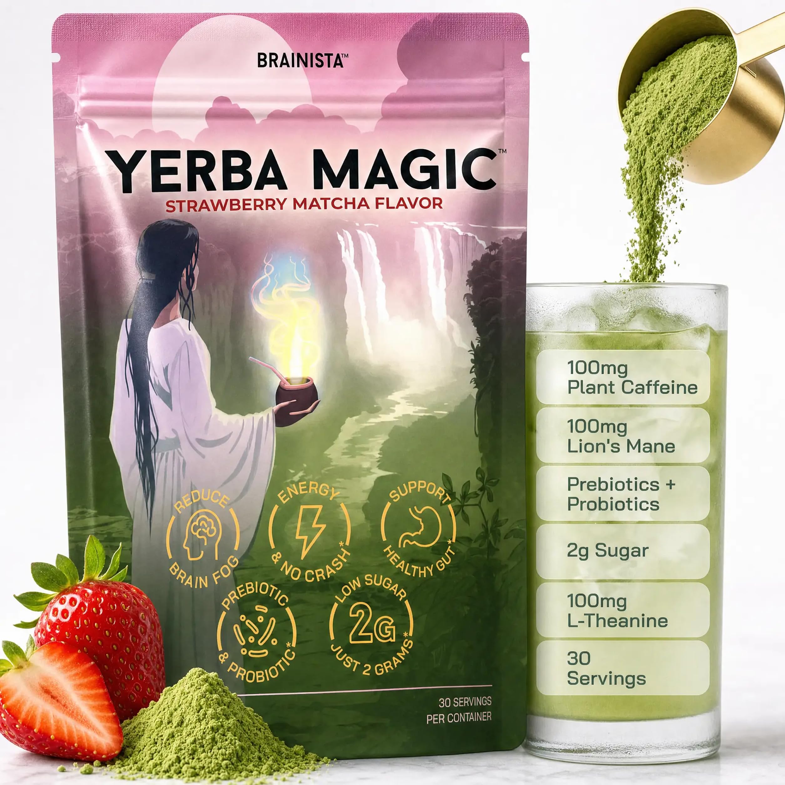 Yerba Mate Energy Drinks, Yerba Magic, Gut Health, Strawberry Matcha, 30sv | Yerba mate drink powder with Lion's Mane, L-Theanine, prebiotic probiotic gut health, strawberry matcha, energy drink powder