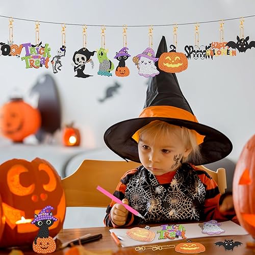 Miniatura 2 de Outus 24 piezas de Halloween 5D calabaza fantasma bruja sombrero DIY diamante pintura llaveros decorativos doble cara diamante llavero kit niños