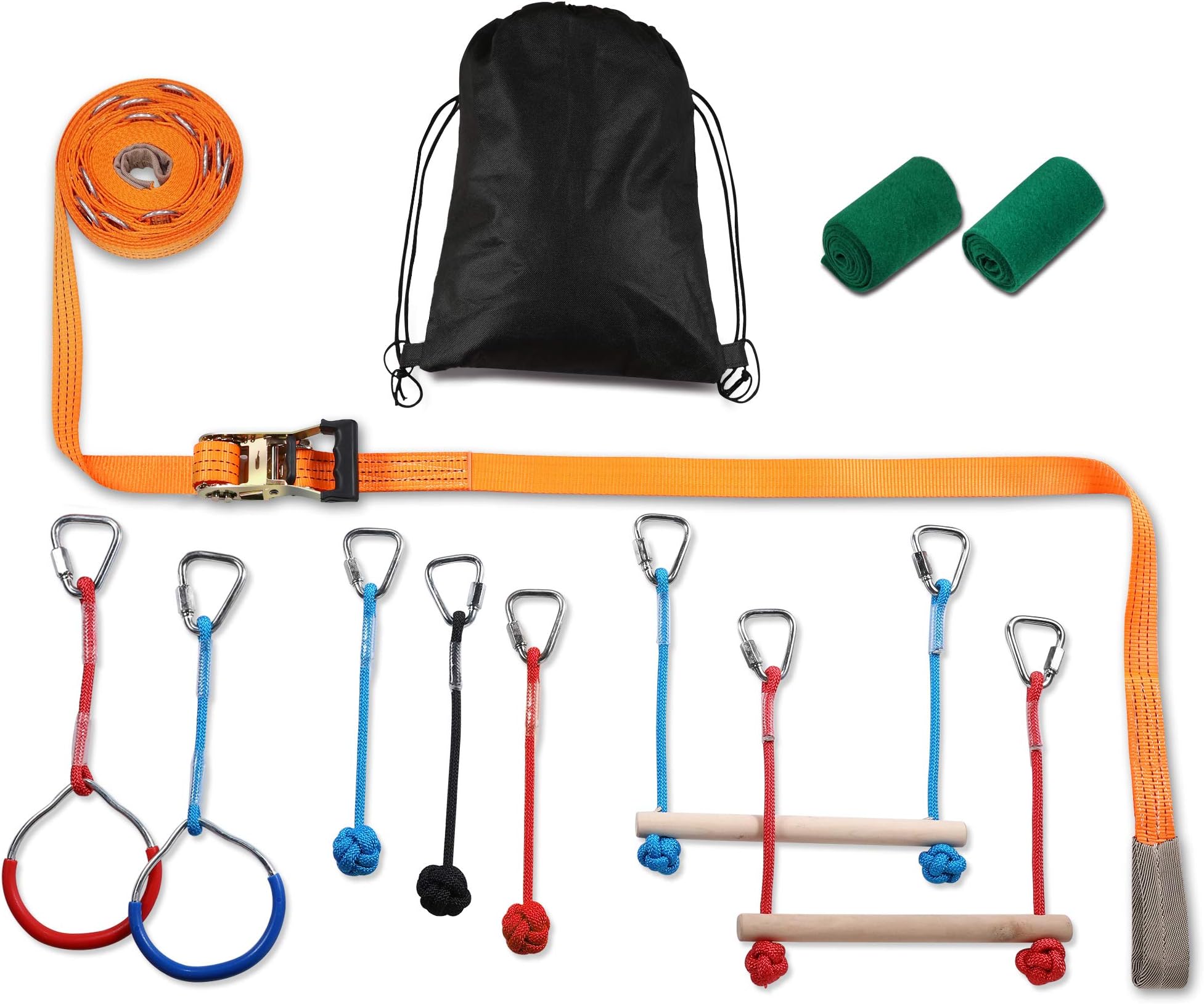 PACKGOUT Slackline, 45' Obstacles Course for Kids Warrior Training Equipment Swing Hanging Monkey Bar Kits, Gifts for Boys and Girls Included Carrying Bag and Tree Protectors