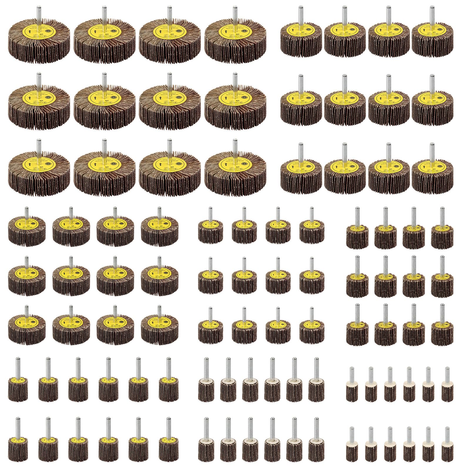 Rocaris 96 Pack 1/4" Abrasive Flap Wheel Sander Set, 80 Grit Aluminum Oxide Flap Wheels Cylindrical Shape Sanding Wheel, 8 Sizes