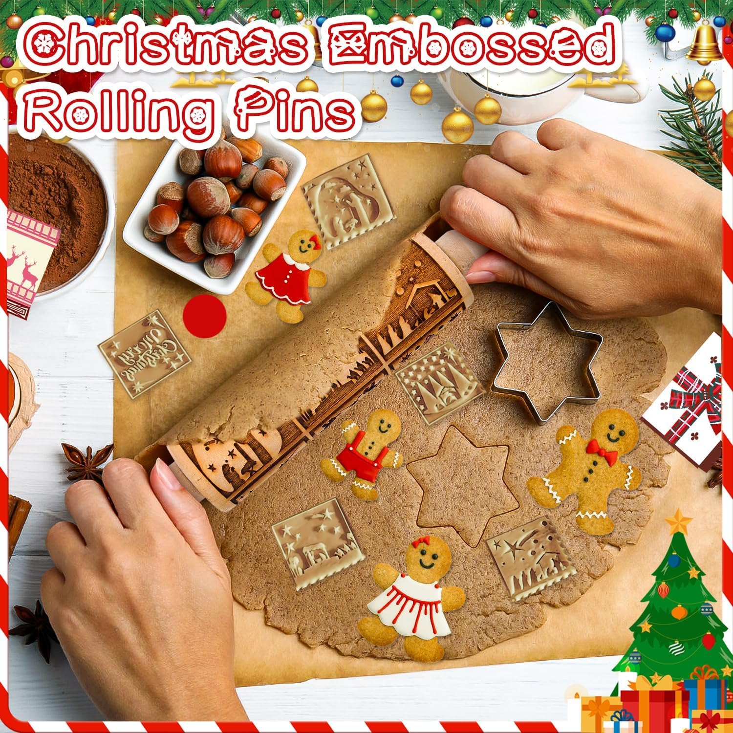 Rouleau à pâtisserie en bois 3D 35 cm motif fleurs de Noël