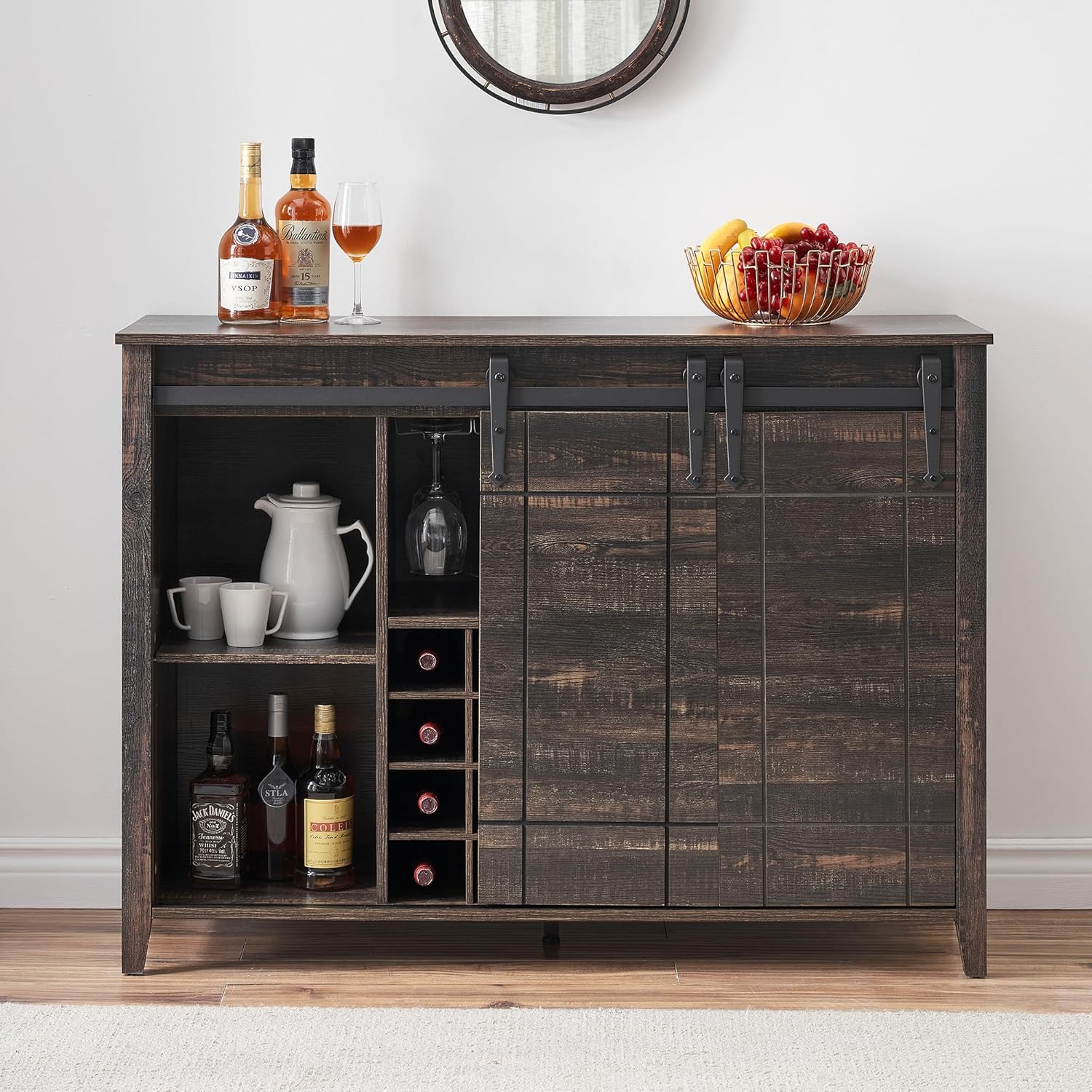 GarveeHome Bar Cabinet with Barn Doors, Farmhouse Style Wine Storage Unit with Drawer and Open Shelves, Burnt Wood Finish for Home Bar & Party Hosting